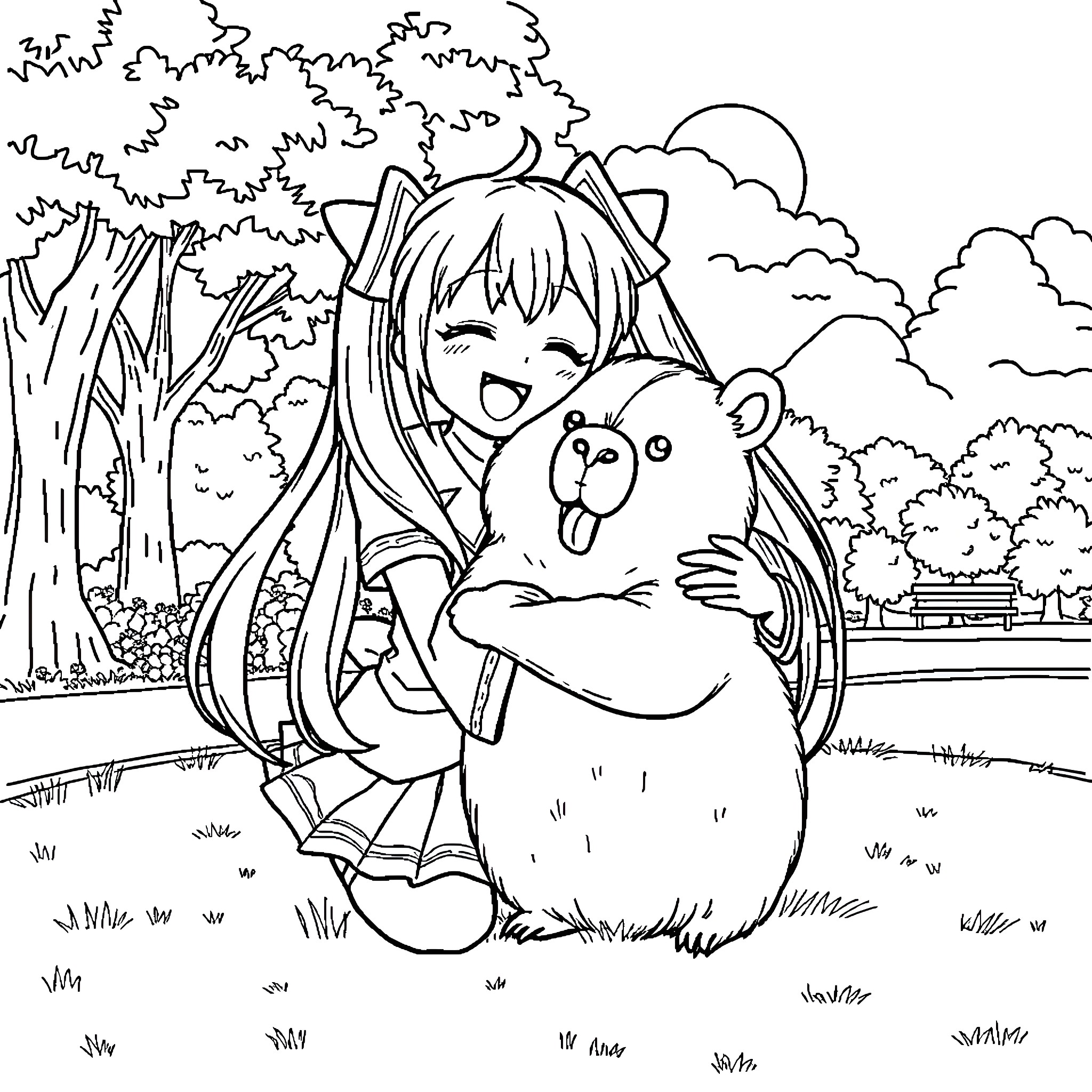 Miku Embracing a Cheerful Teddy Bear in Nature Coloring Page (free black-and-white line drawing printable PDF for all, from beginners to advanced learners, including children, teens, adults, and seniors)