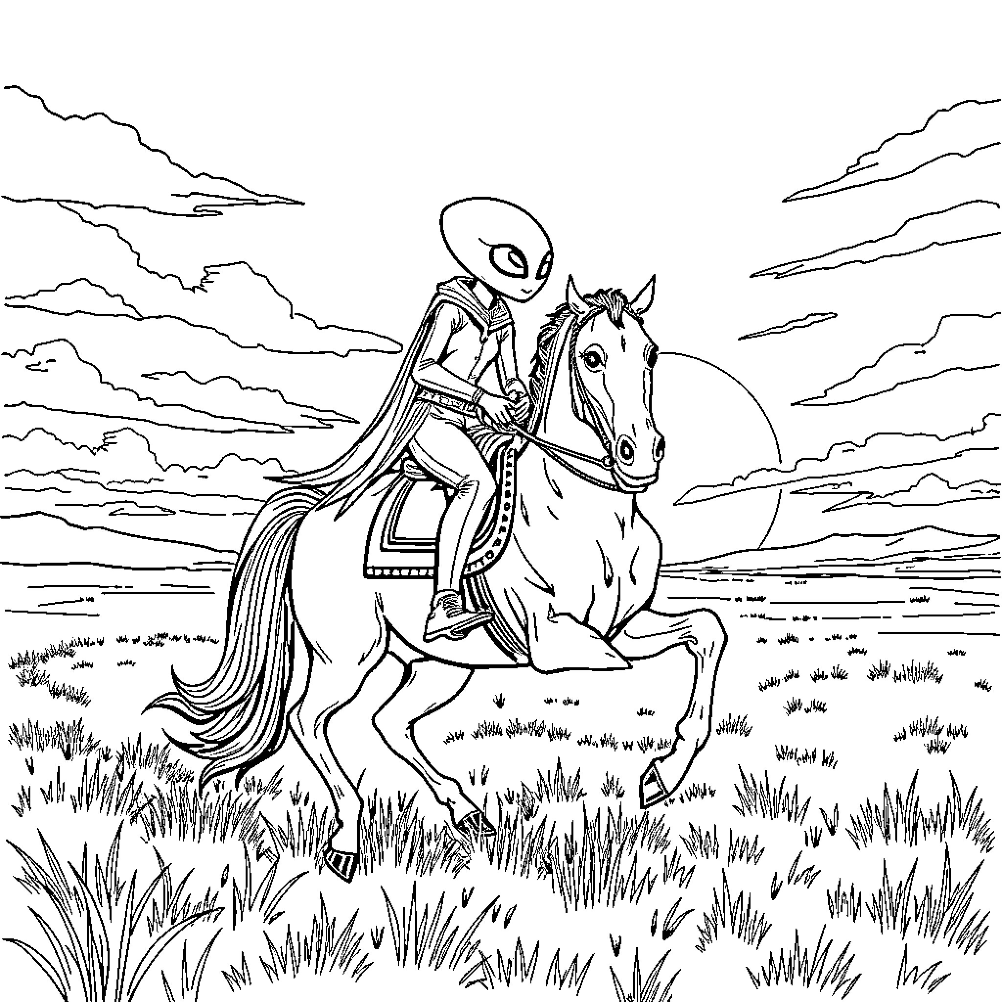 Alien Rider on a Majestic Horse in an Otherworldly Landscape Coloring Page (free black-and-white line drawing printable PDF for all, from beginners to advanced learners, including children, teens, adults, and seniors)