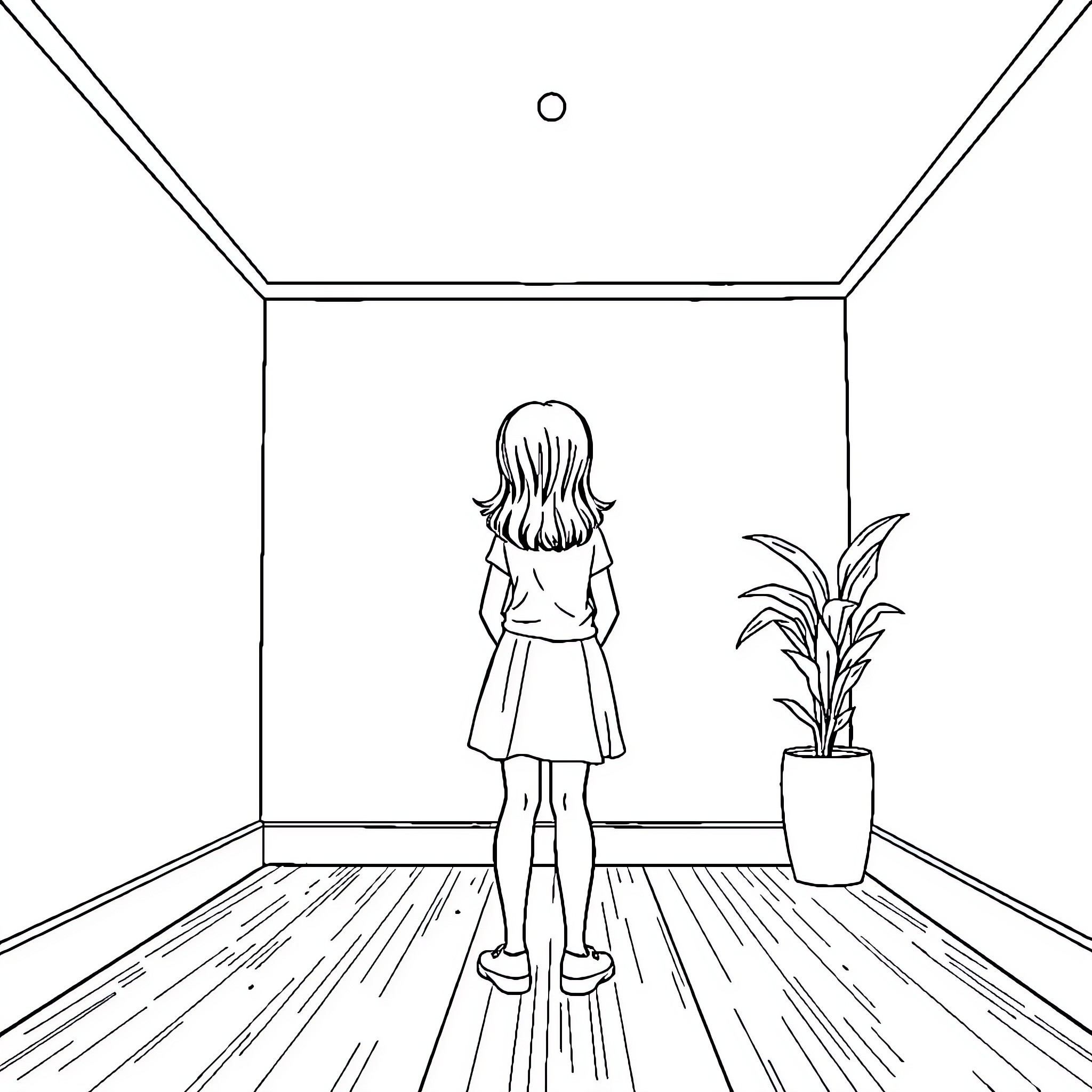 Girl standing alone in a room Coloring Page (free black-and-white line drawing printable PDF for all, from beginners to advanced learners, including children, teens, adults, and seniors)