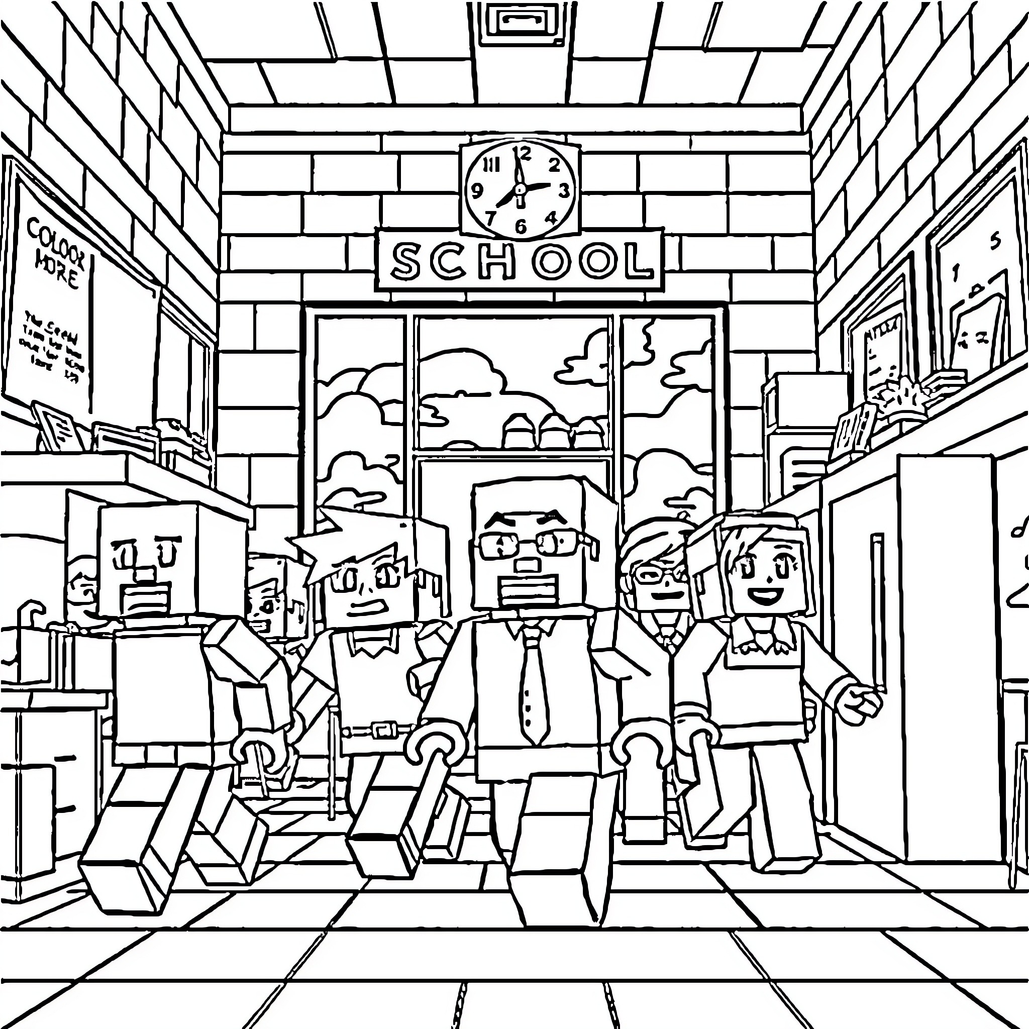 Minecraft Figure Characters in School Setting Coloring Page (free black-and-white line drawing printable PDF for all, from beginners to advanced learners, including children, teens, adults, and seniors)