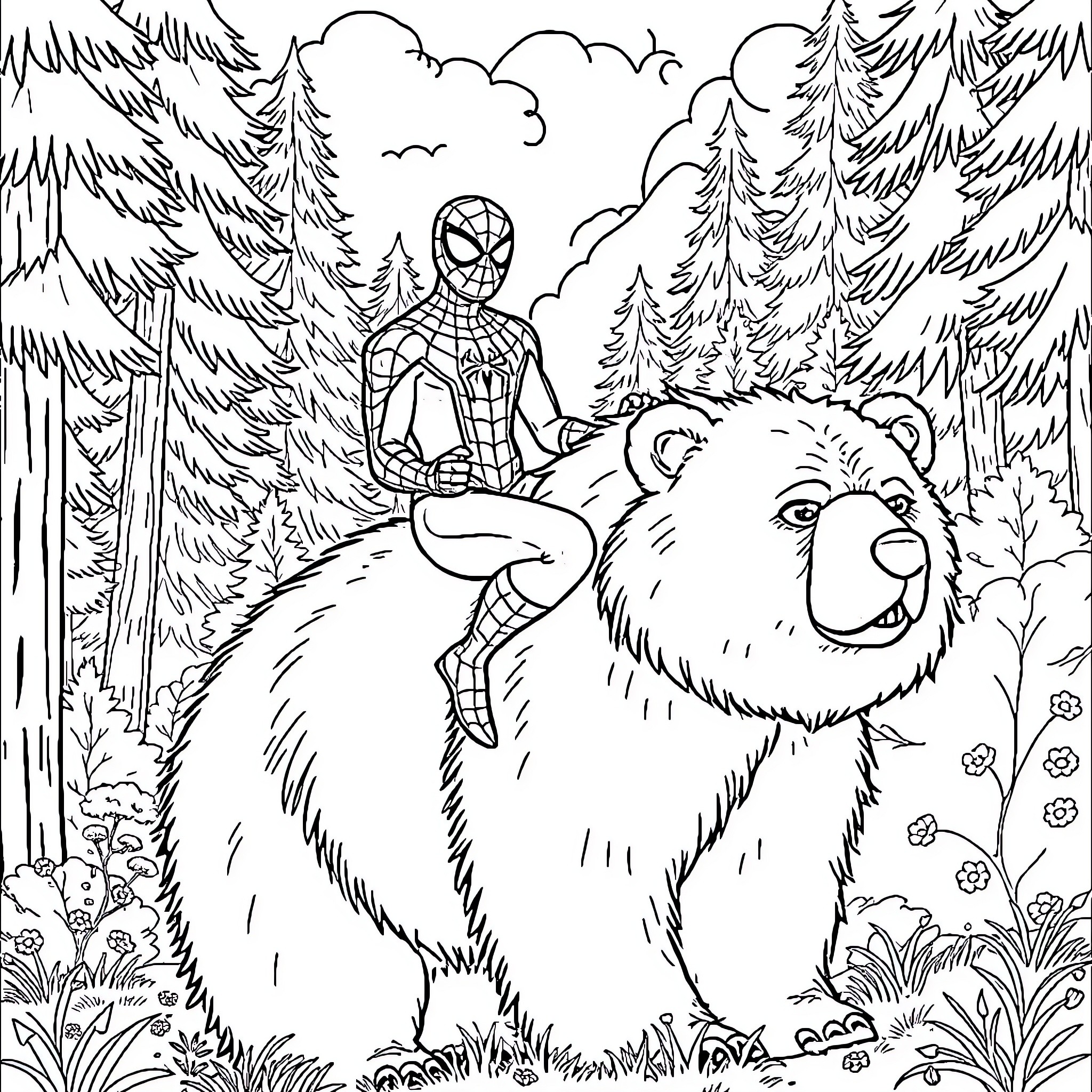 Spiderman adventures with a giant bear in the forest Coloring Page (free black-and-white line drawing printable PDF for all, from beginners to advanced learners, including children, teens, adults, and seniors)