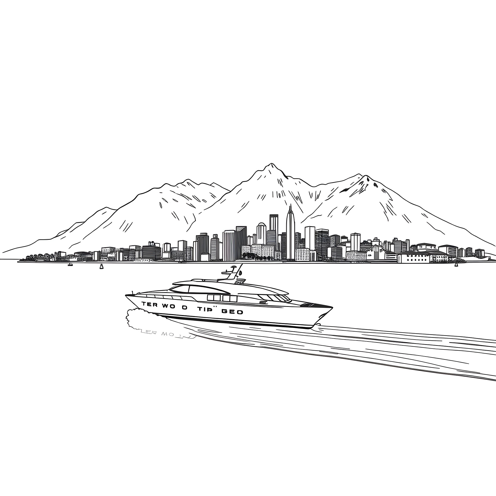 Water Vehicle Sailing Near Mountainous City Skyline Coloring Page (free black-and-white line drawing printable PDF for all, from beginners to advanced learners, including children, teens, adults, and seniors)