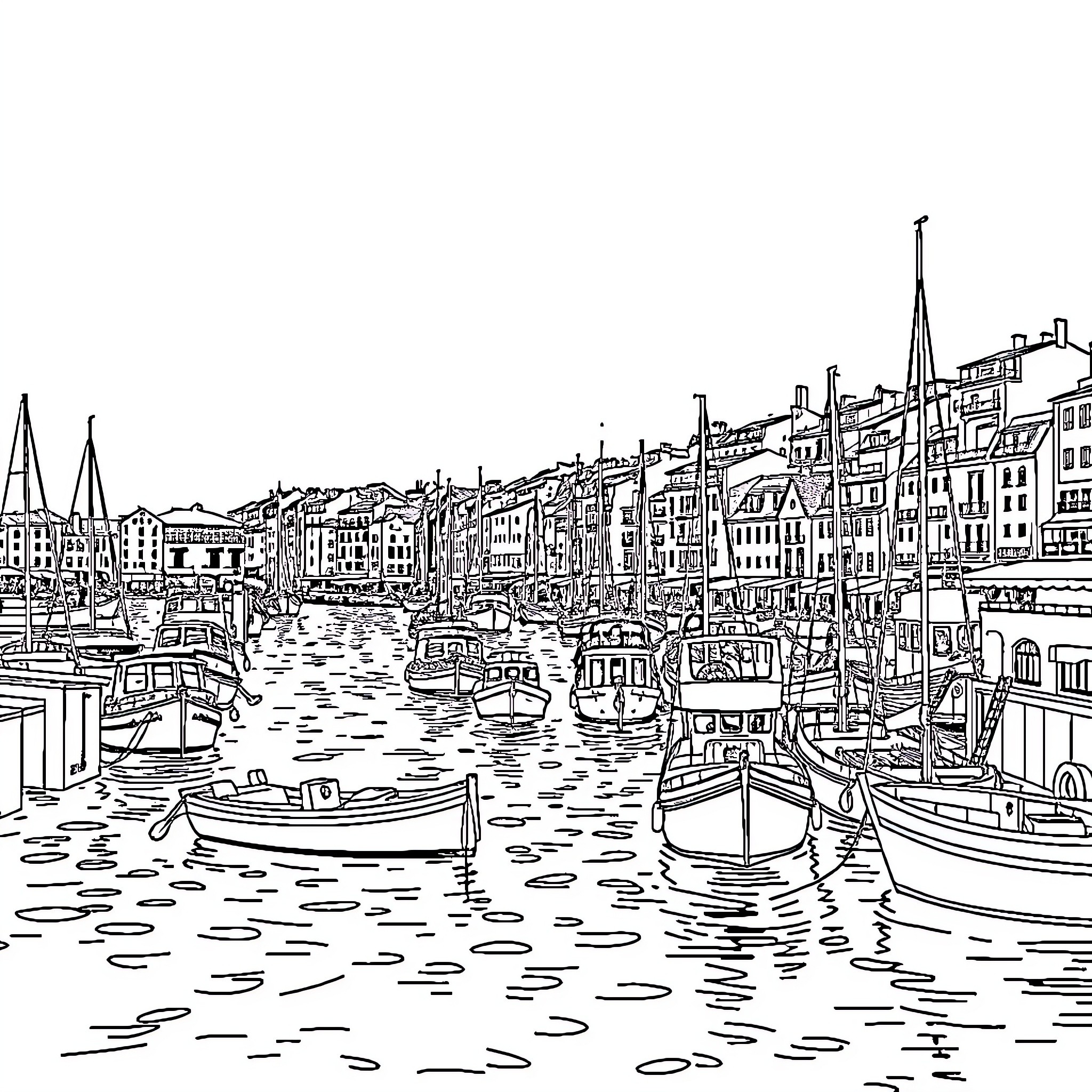 Port Activities and Scenic Waterfront Buildings Coloring Page (free black-and-white line drawing printable PDF for all, from beginners to advanced learners, including children, teens, adults, and seniors)