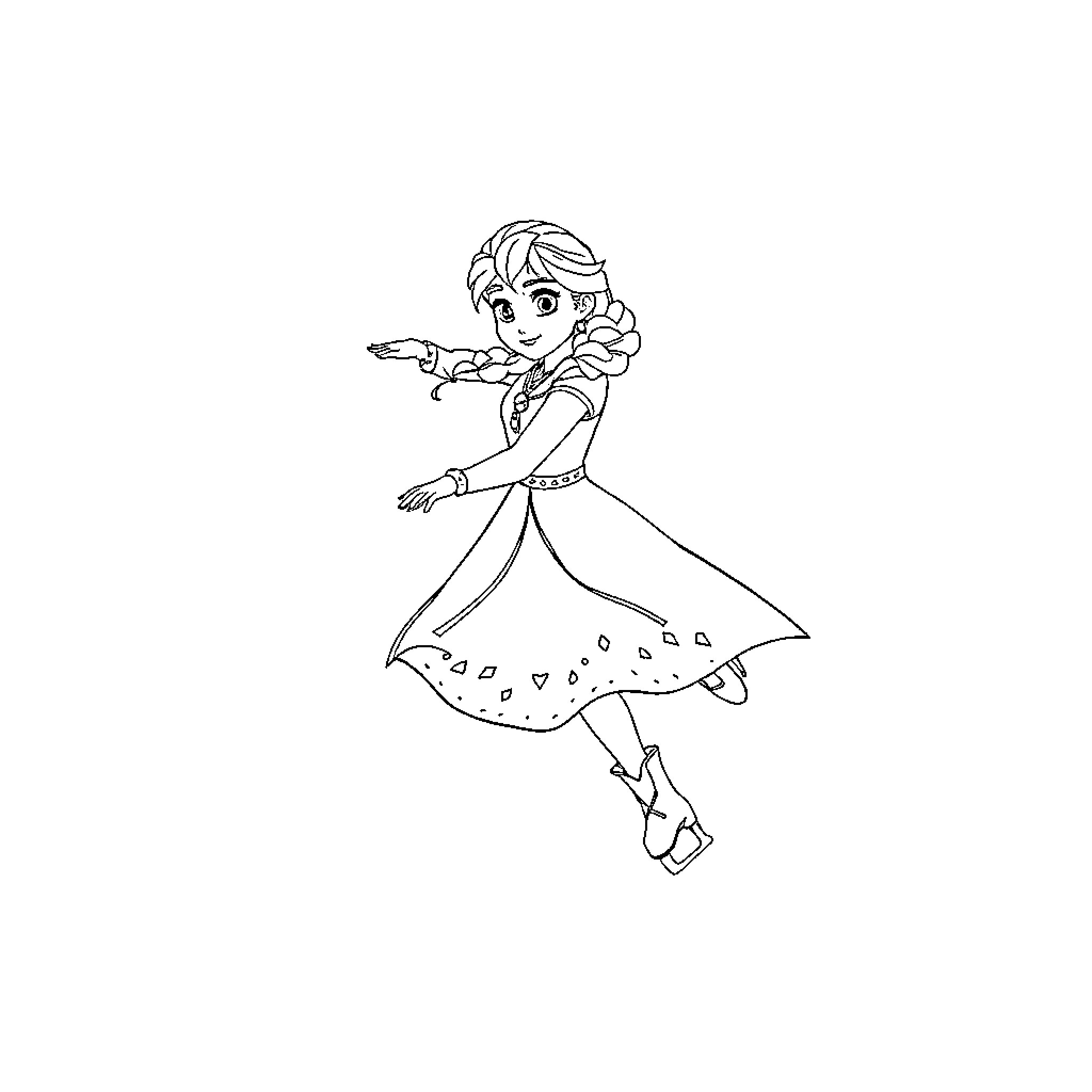 Anna dancing with joy in a flowing dress Coloring Page (free black-and-white line drawing printable PDF for all, from beginners to advanced learners, including children, teens, adults, and seniors)