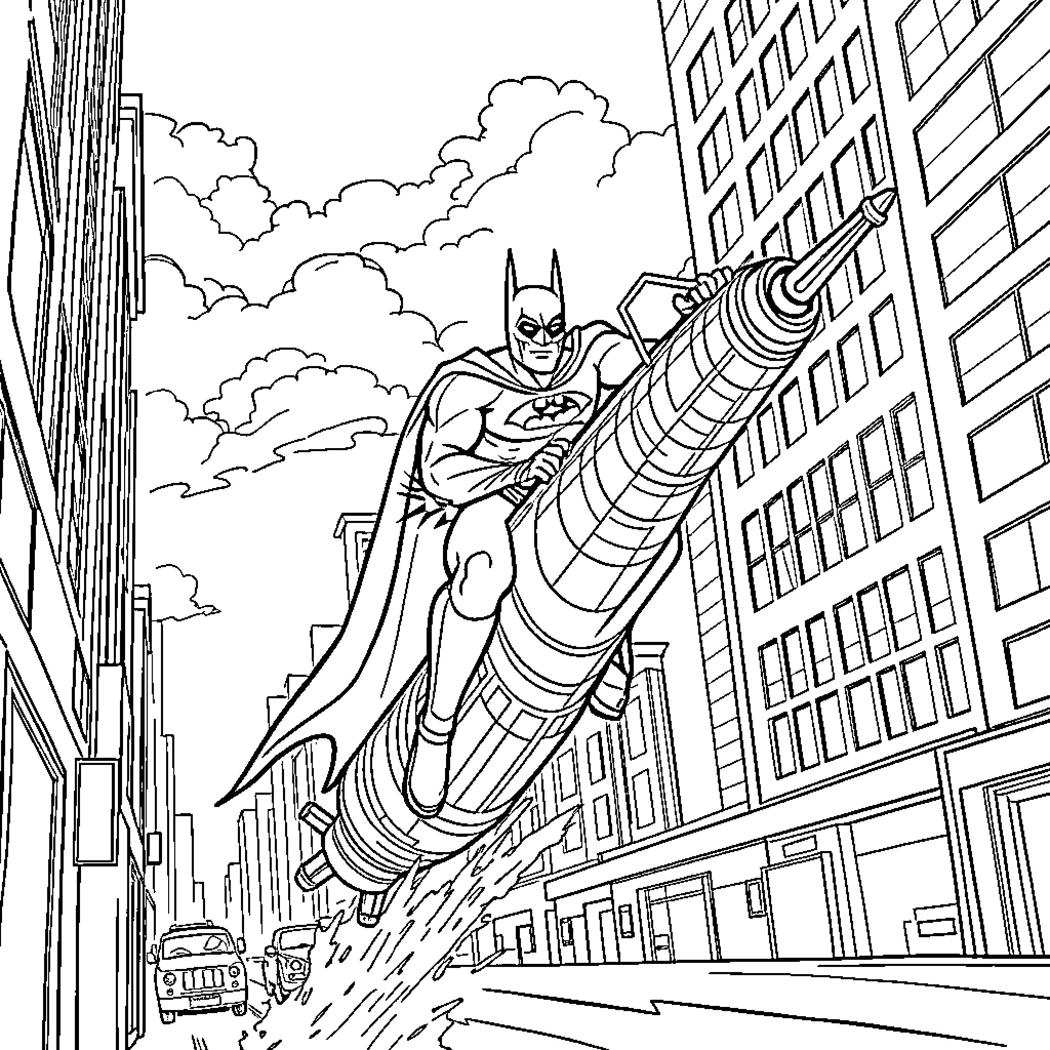 Batman soaring through the city skyline Coloring Page (free black-and-white line drawing printable PDF for all, from beginners to advanced learners, including children, teens, adults, and seniors)