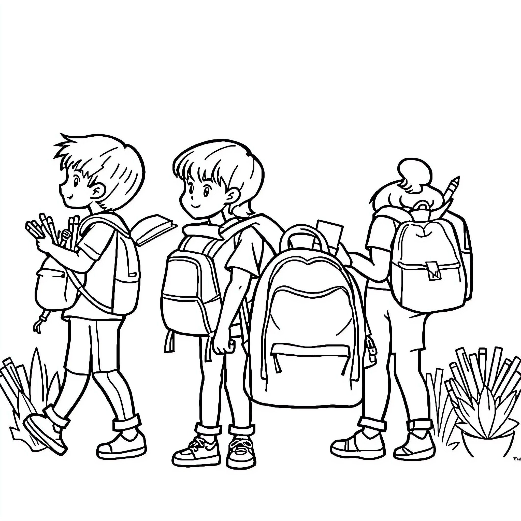 School friends with backpacks enjoying outdoor scenery Coloring Page (free black-and-white line drawing printable PDF for all, from beginners to advanced learners, including children, teens, adults, and seniors)