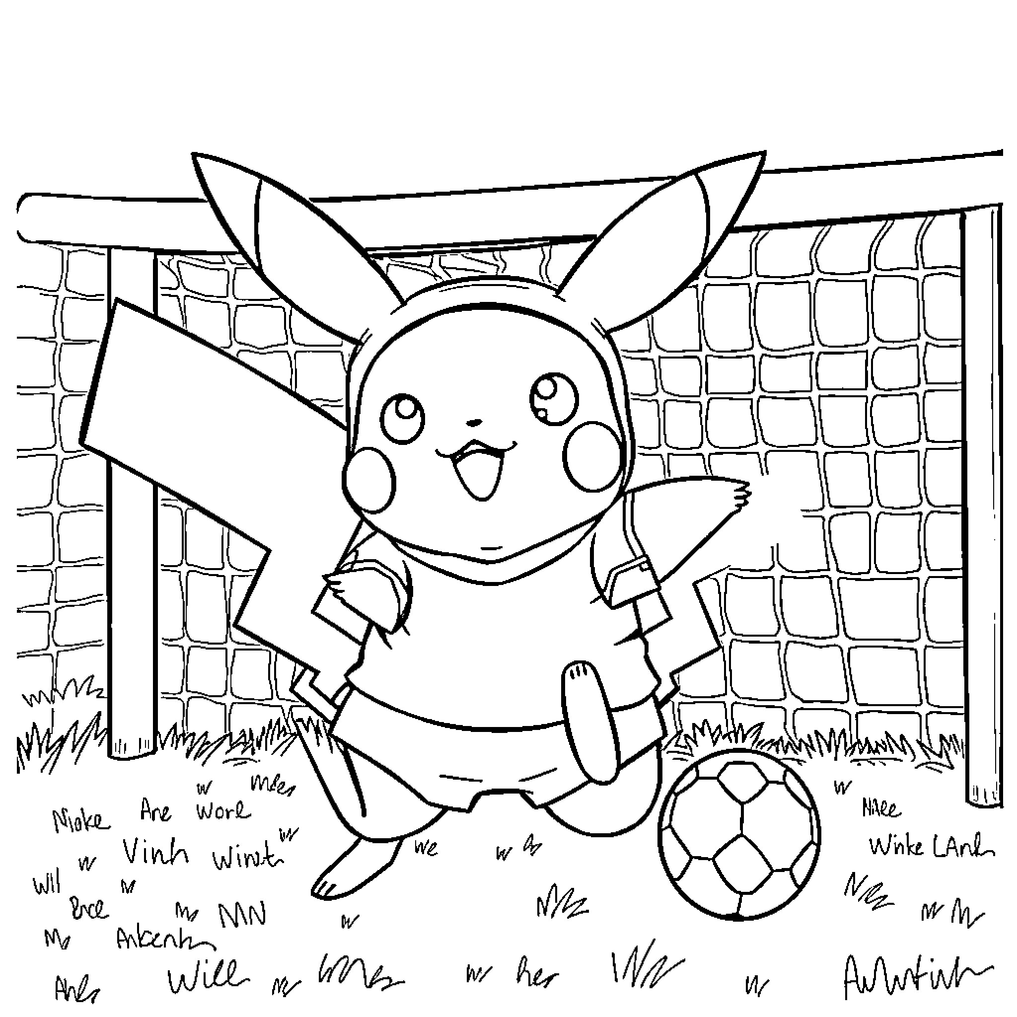 Pikachu playing soccer in a field Coloring Page (free black-and-white line drawing printable PDF for all, from beginners to advanced learners, including children, teens, adults, and seniors)