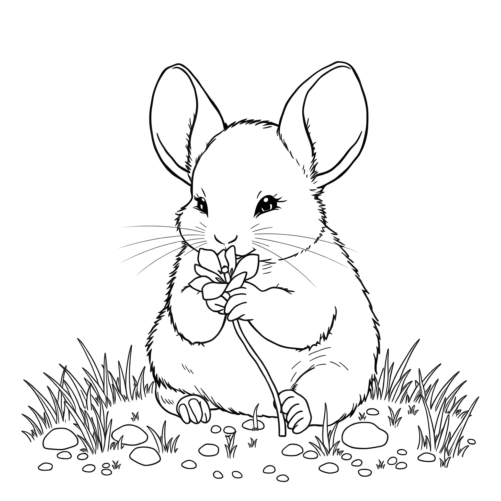 Chinchilla enjoying a flower in nature Coloring Page (free black-and-white line drawing printable PDF for all, from beginners to advanced learners, including children, teens, adults, and seniors)