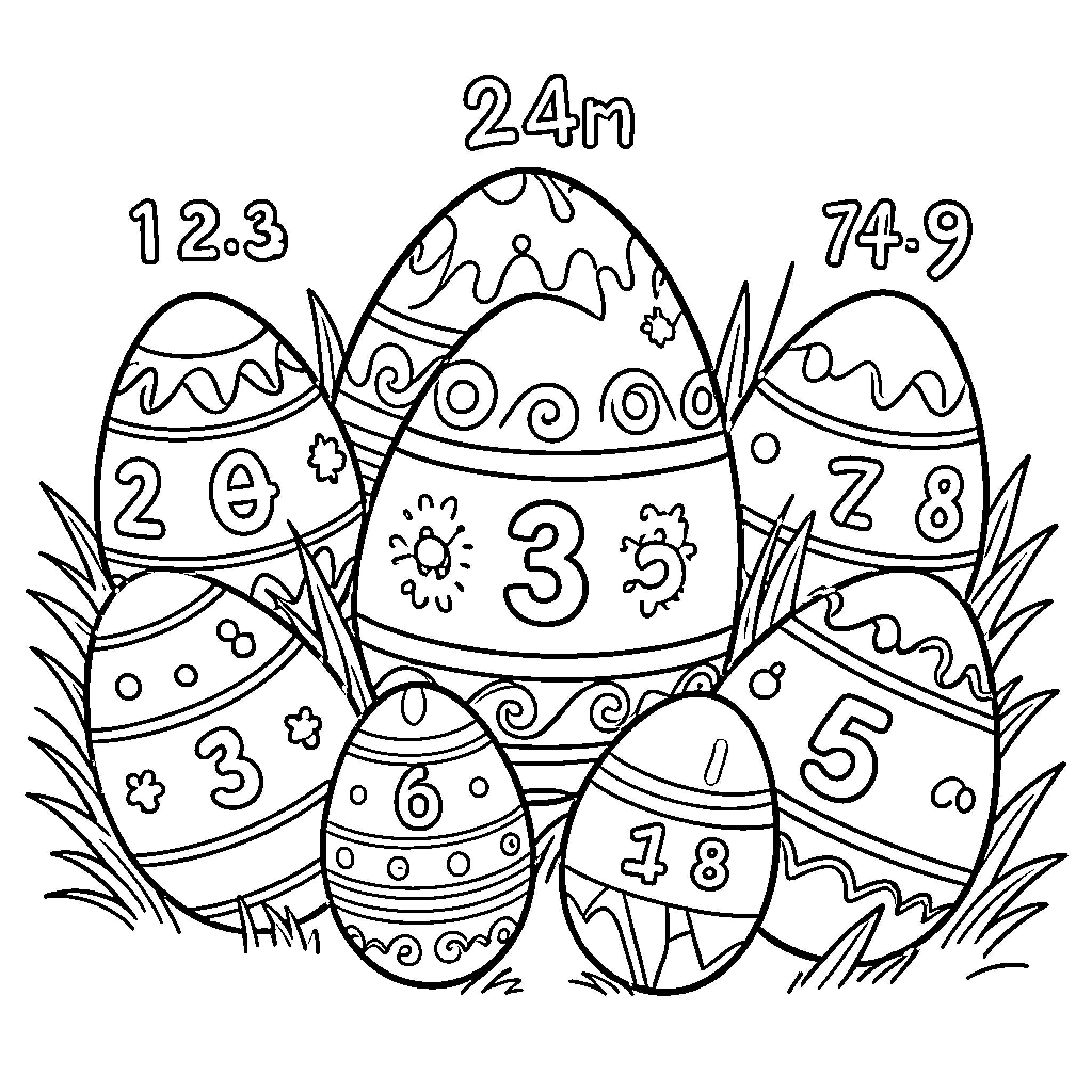 Easter Egg Hunt with Decorated Eggs Coloring Page (free black-and-white line drawing printable PDF for all, from beginners to advanced learners, including children, teens, adults, and seniors)