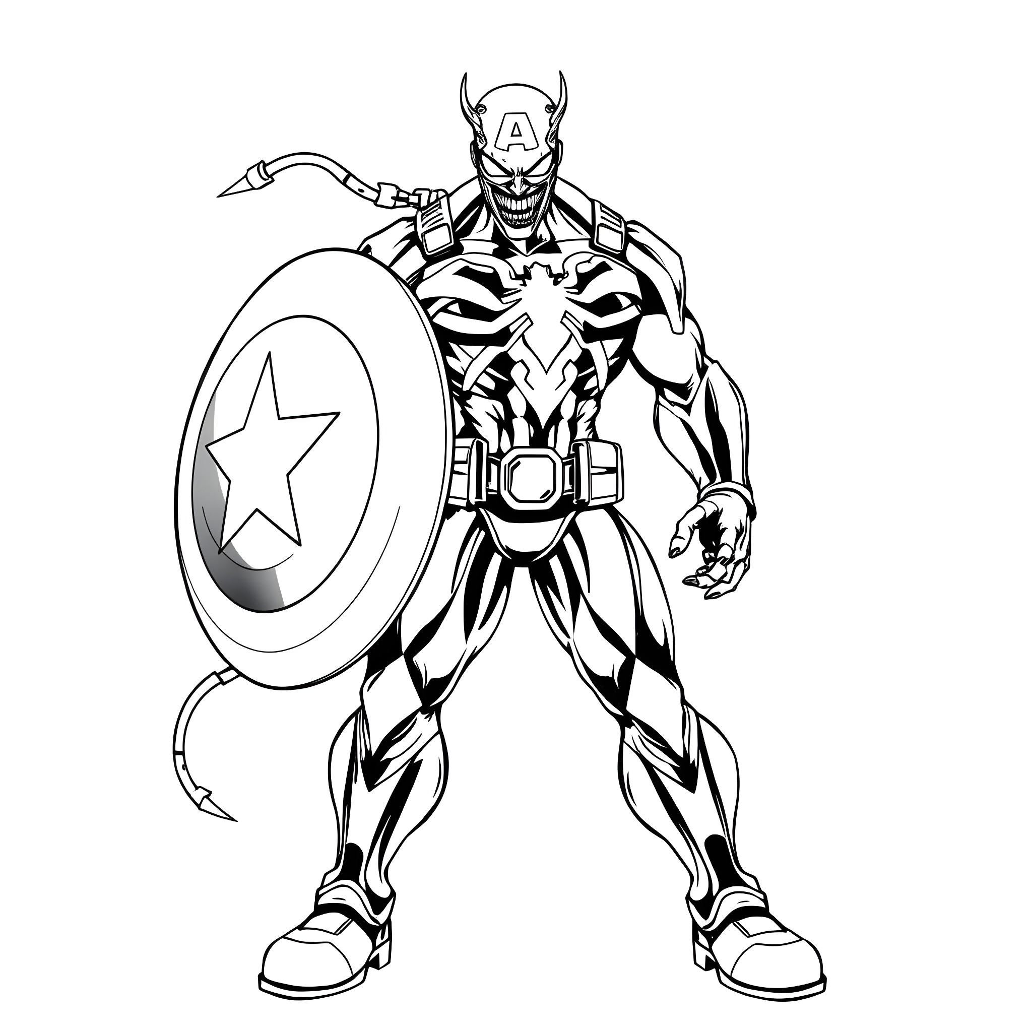 Captain Venom heroically wielding shield in action pose Coloring Page (free black-and-white line drawing printable PDF for all, from beginners to advanced learners, including children, teens, adults, and seniors)