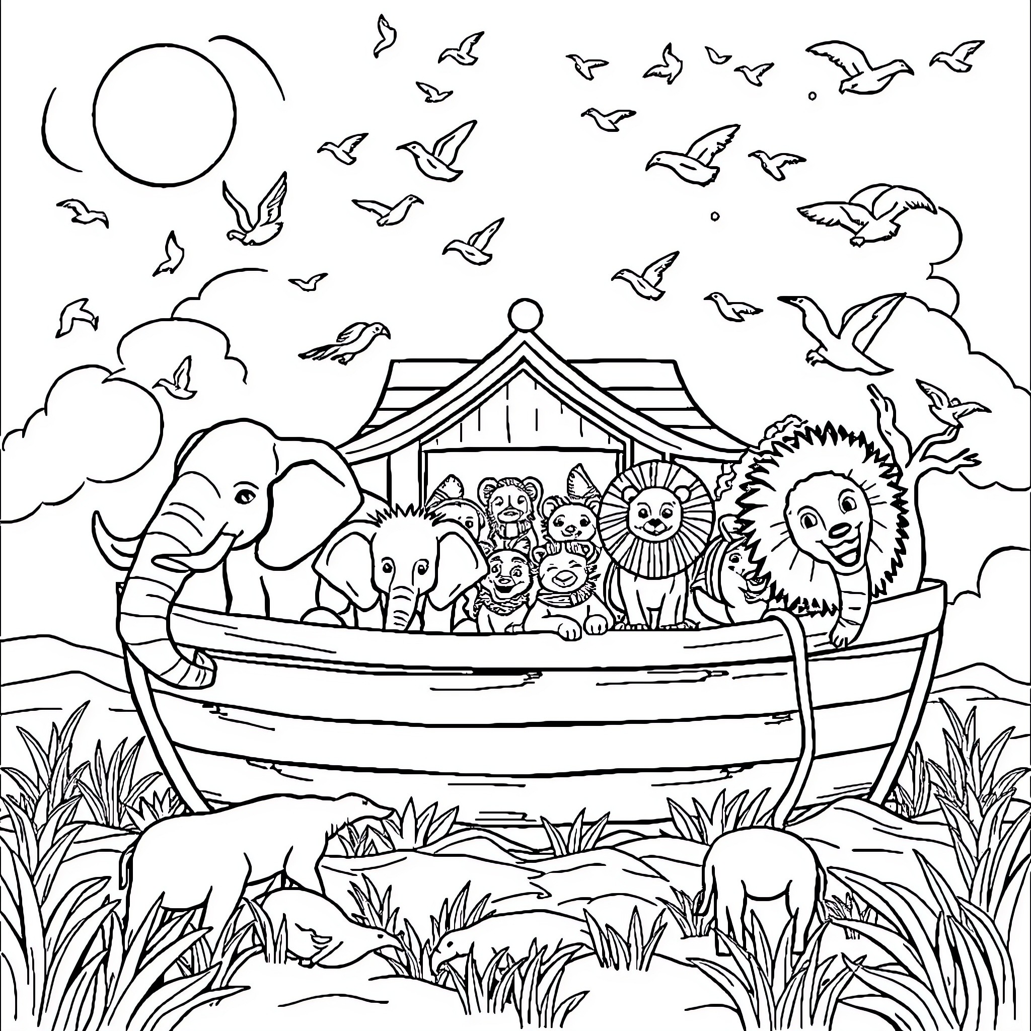 Ark of Animals Embarking on a Voyage Coloring Page (free black-and-white line drawing printable PDF for all, from beginners to advanced learners, including children, teens, adults, and seniors)