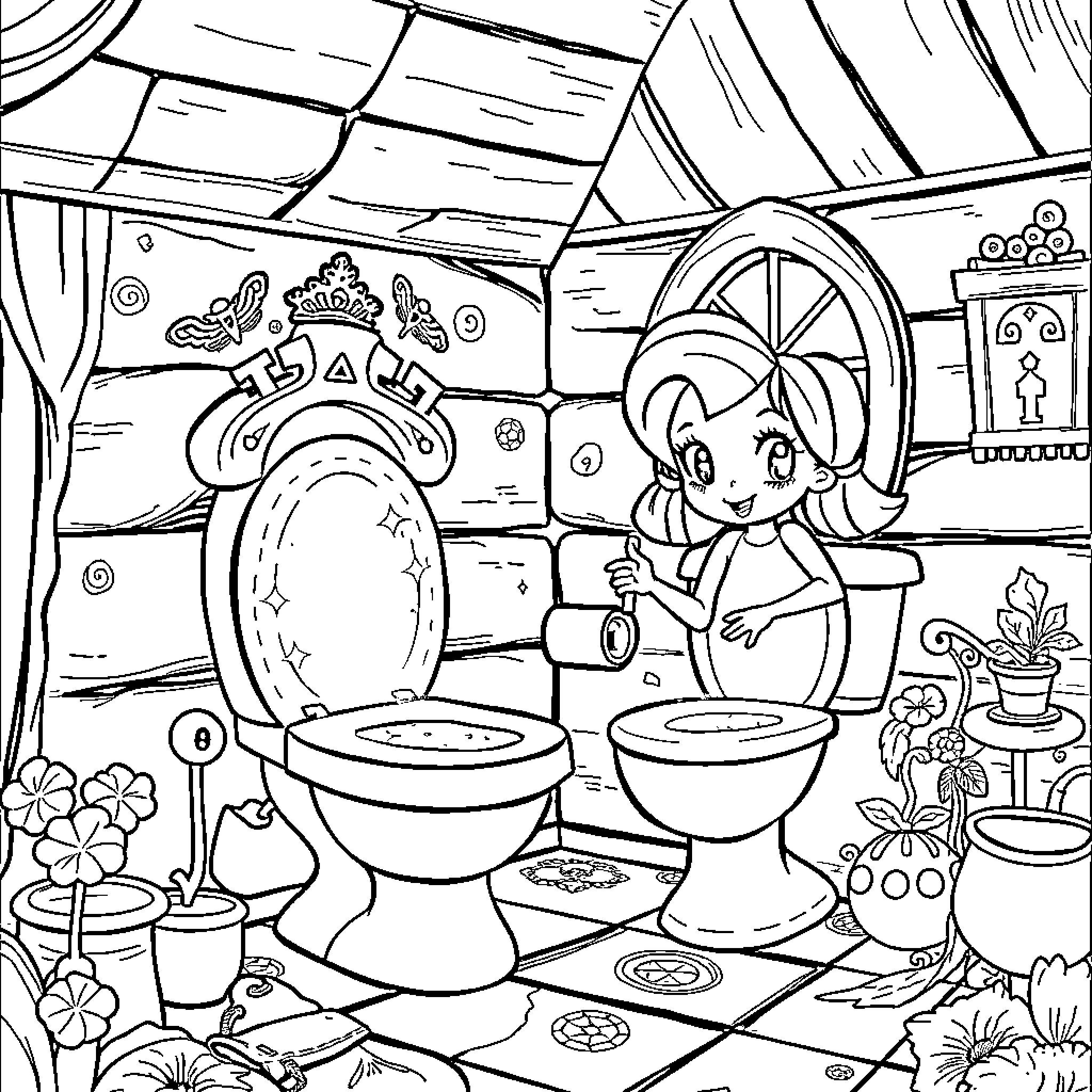 Gabby's Enchanted Bathroom Adventures Coloring Page (free black-and-white line drawing printable PDF for all, from beginners to advanced learners, including children, teens, adults, and seniors)