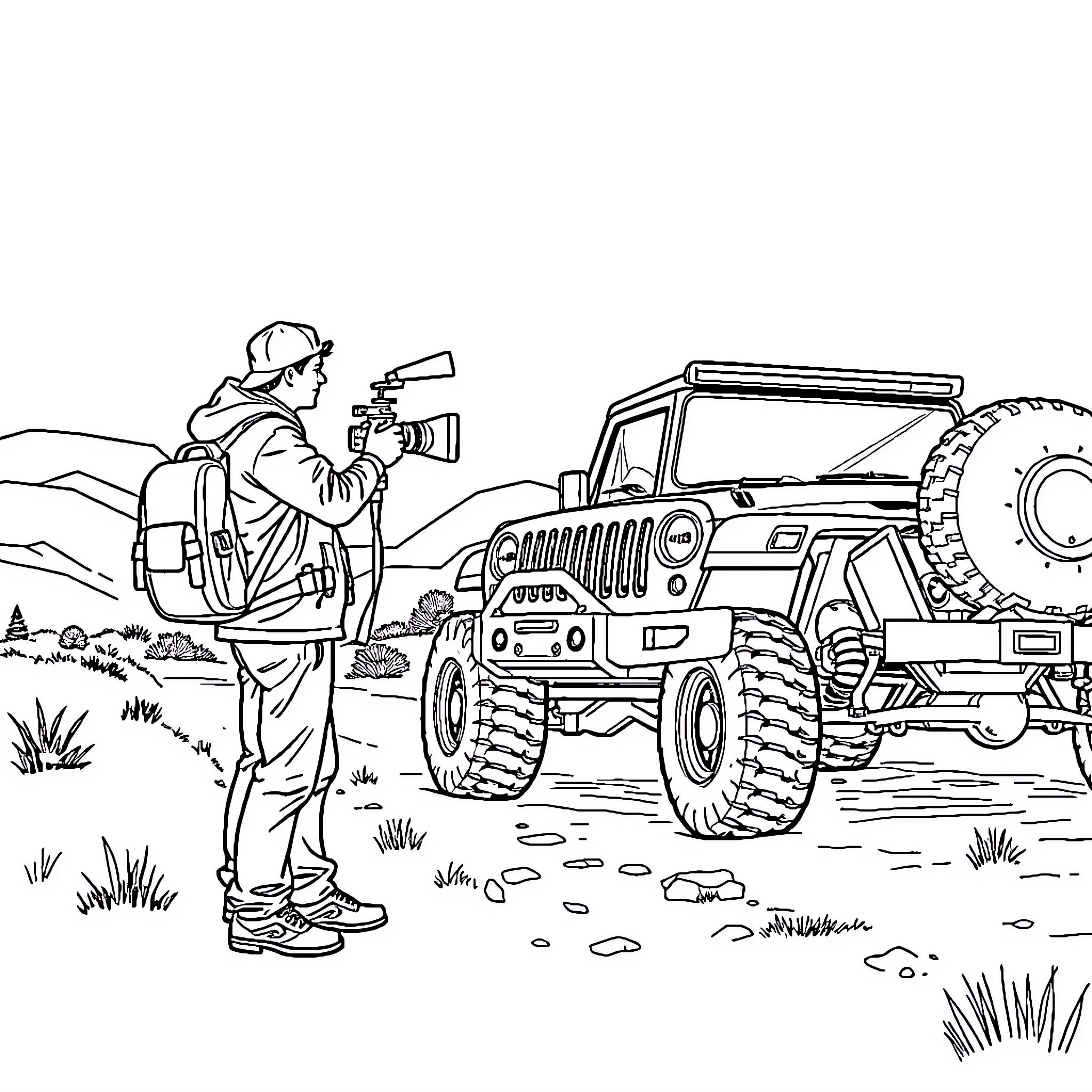 Cameraman capturing adventure in the wild outdoors Coloring Page (free black-and-white line drawing printable PDF for all, from beginners to advanced learners, including children, teens, adults, and seniors)