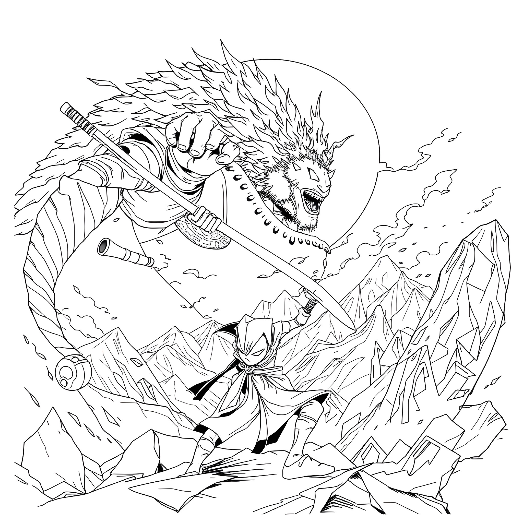 Ninja warrior battling fierce ice dragon amid snowy mountains Coloring Page (free black-and-white line drawing printable PDF for all, from beginners to advanced learners, including children, teens, adults, and seniors)