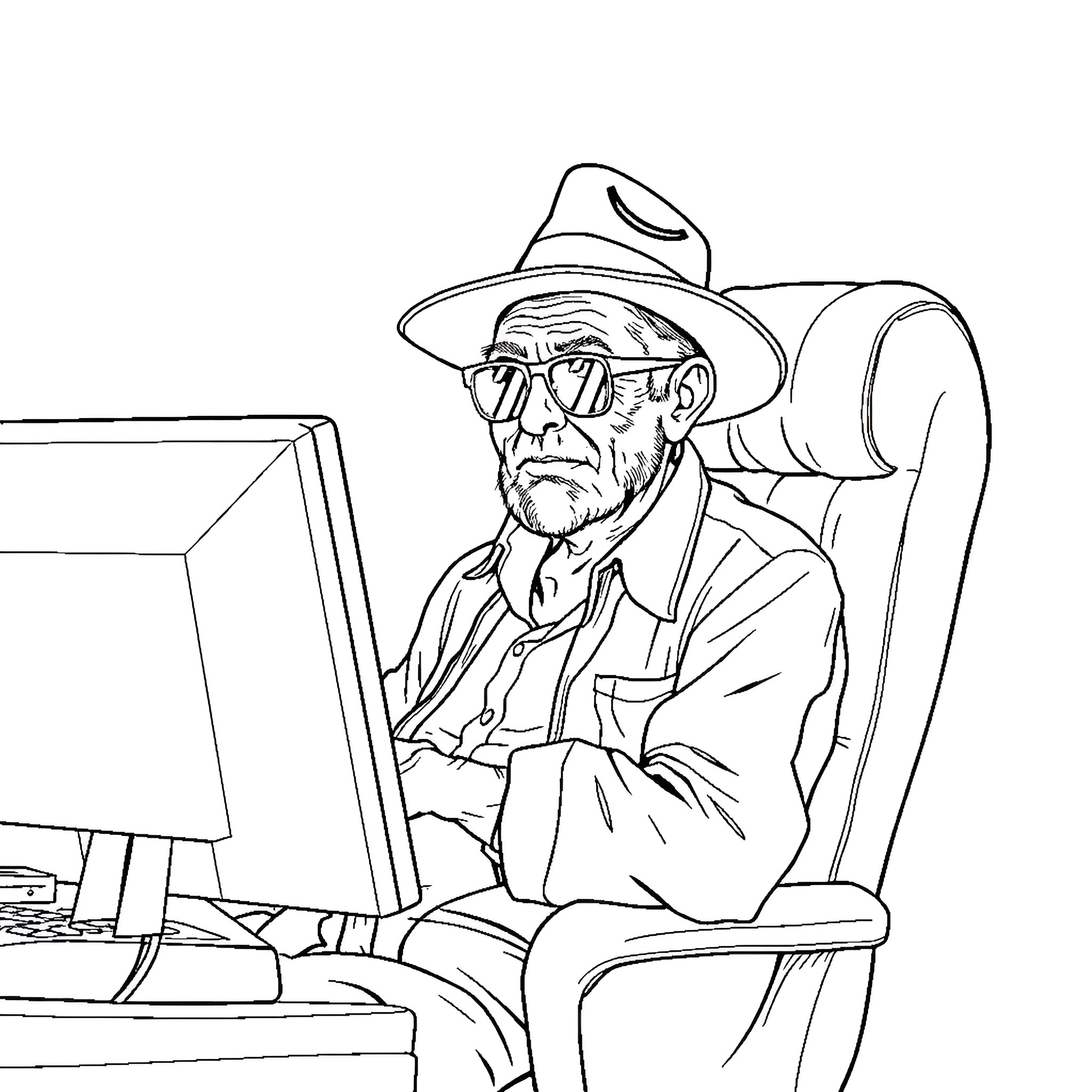 Man working intently on computer in his office Coloring Page (free black-and-white line drawing printable PDF for all, from beginners to advanced learners, including children, teens, adults, and seniors)