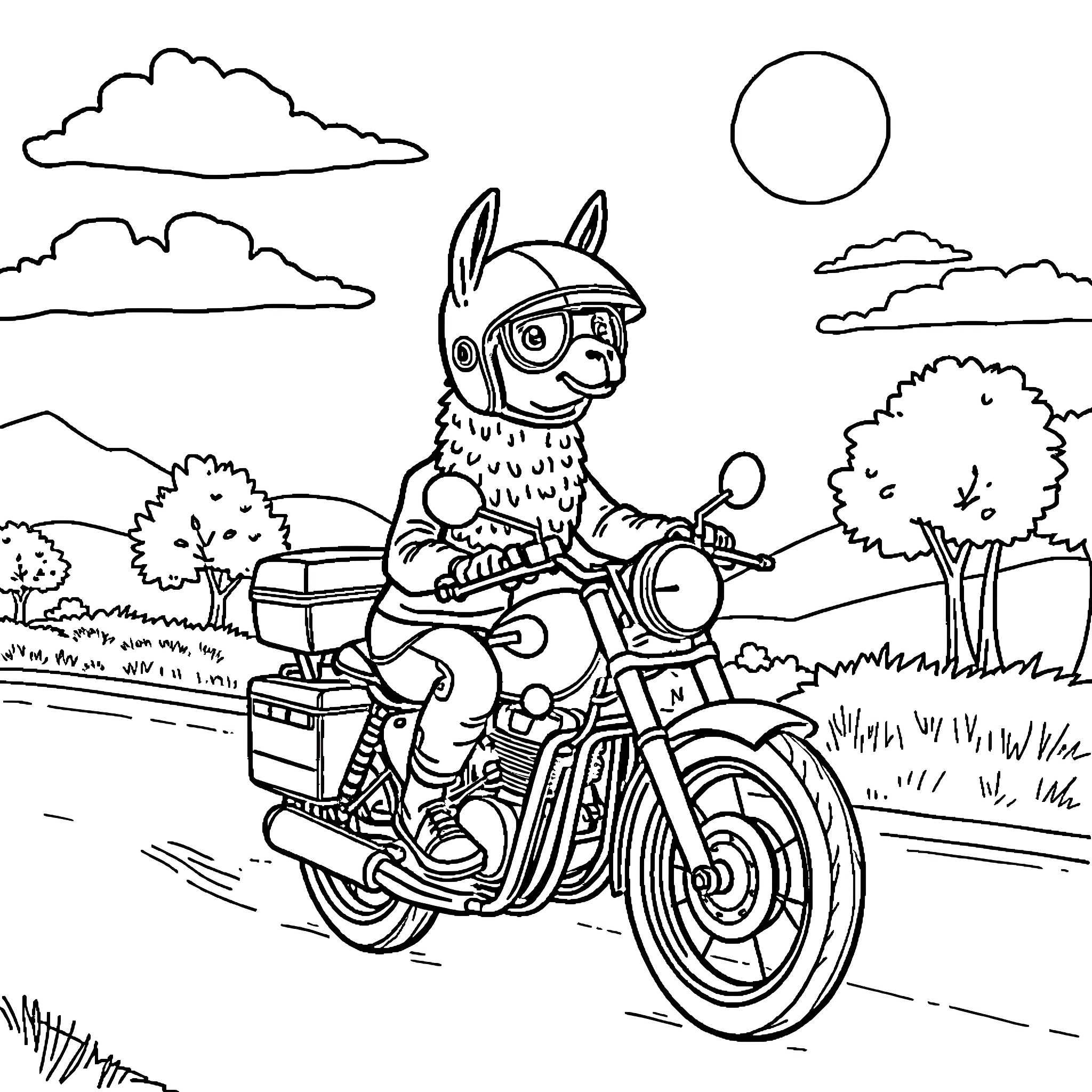 Llama riding a motorcycle through the countryside Coloring Page (free black-and-white line drawing printable PDF for all, from beginners to advanced learners, including children, teens, adults, and seniors)