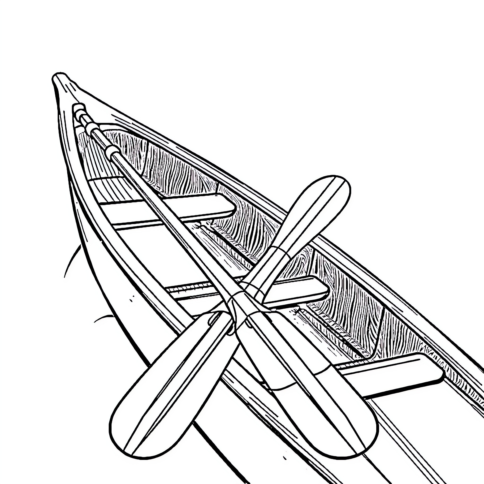 Boat with oars floating on the water Coloring Page (free black-and-white line drawing printable PDF for all, from beginners to advanced learners, including children, teens, adults, and seniors)