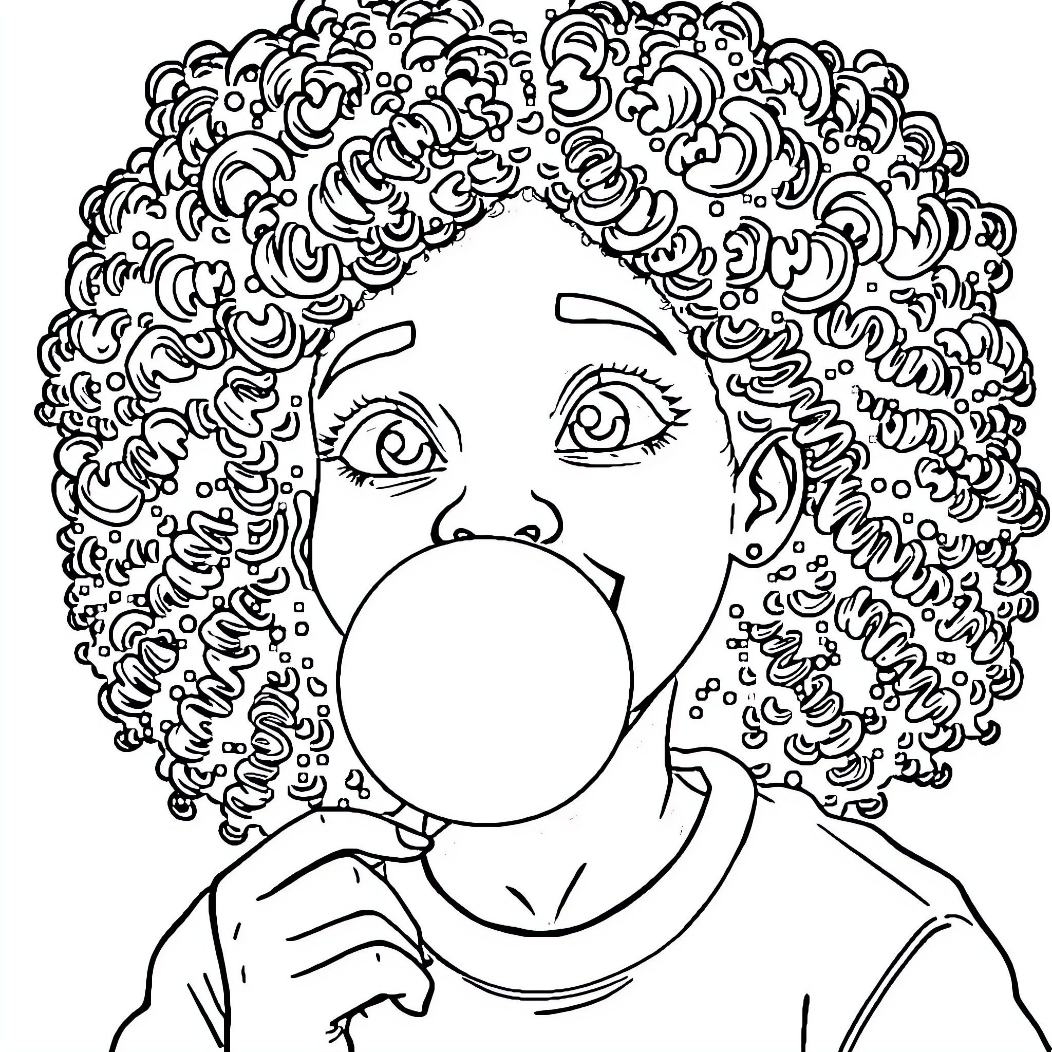 Girl blowing bubble with curly hair Coloring Page (free black-and-white line drawing printable PDF for all, from beginners to advanced learners, including children, teens, adults, and seniors)