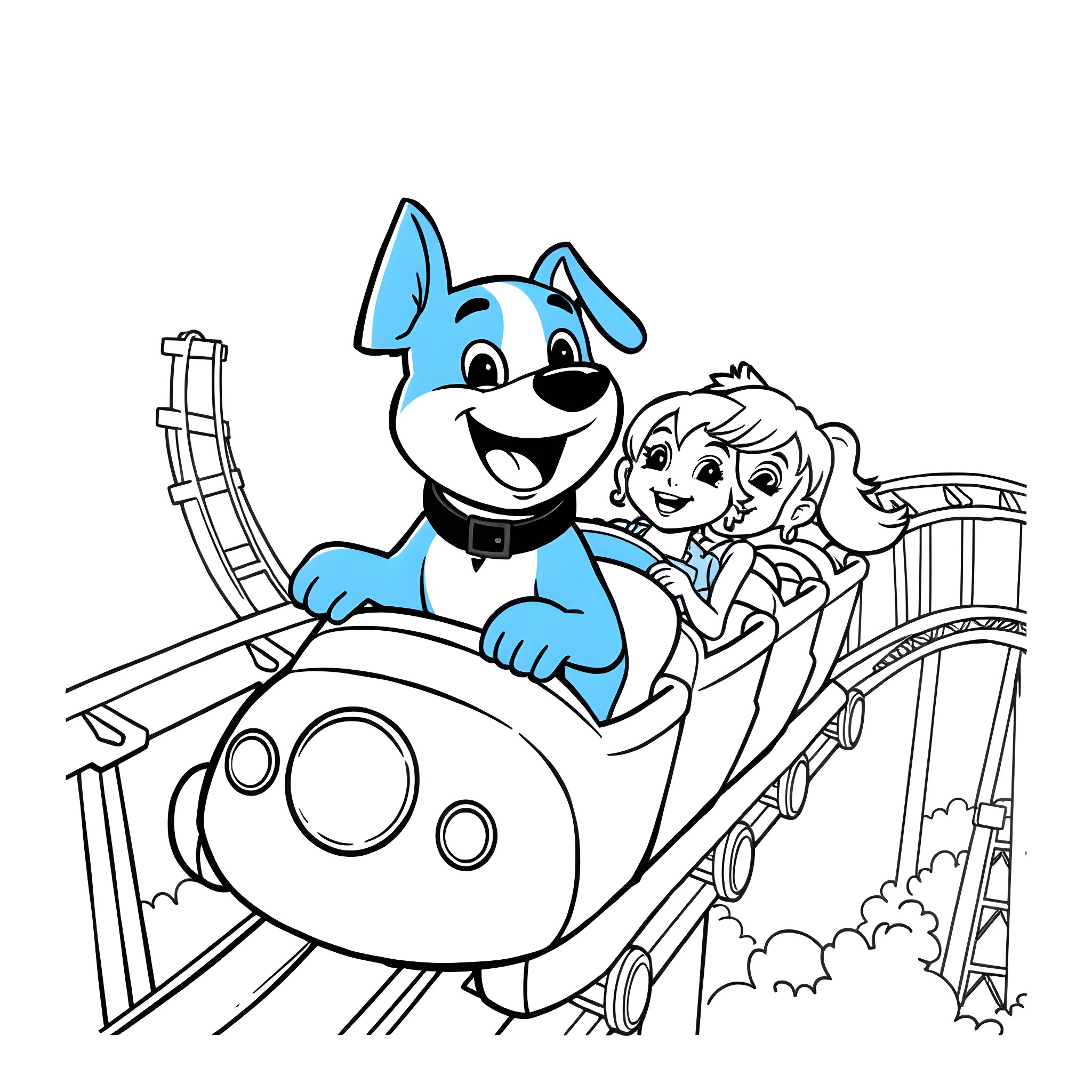 Bluey enjoying thrilling ride with friends on rollercoaster Coloring Page (free black-and-white line drawing printable PDF for all, from beginners to advanced learners, including children, teens, adults, and seniors)