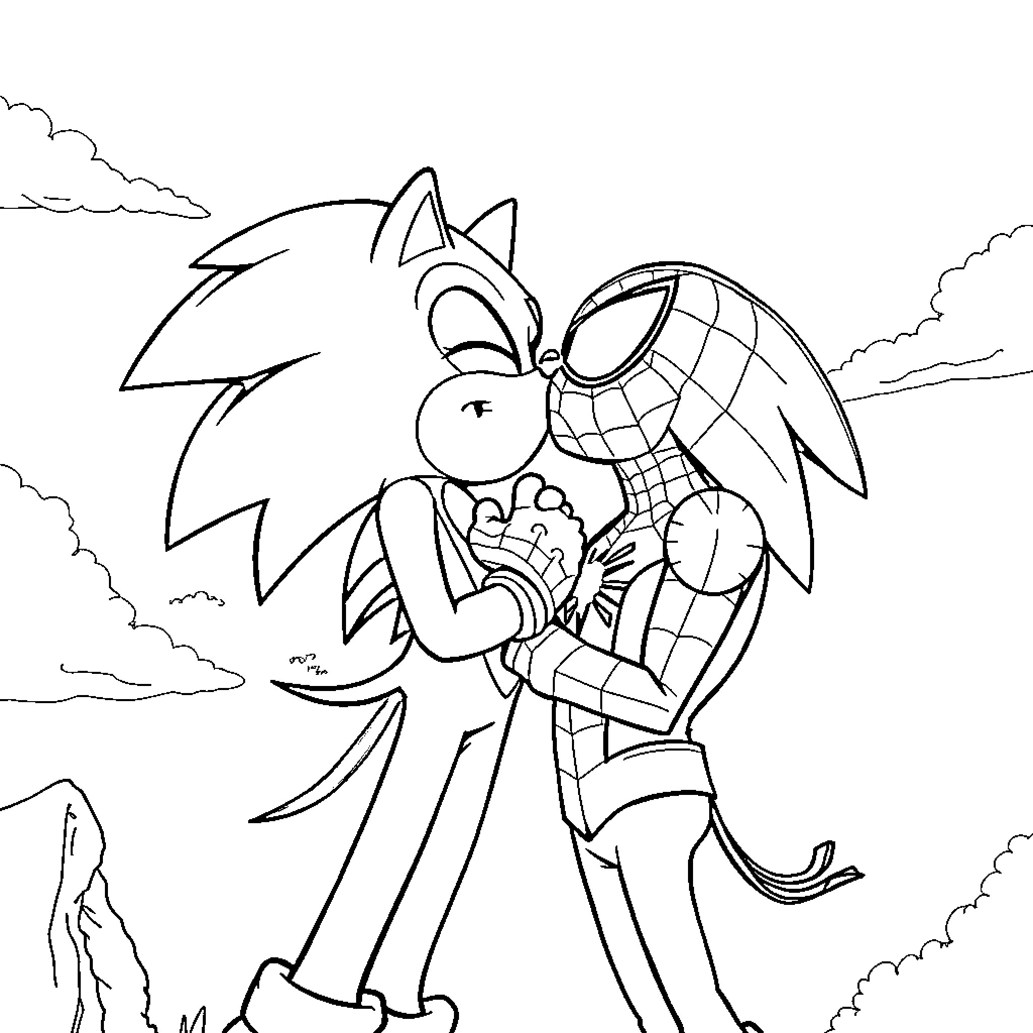 Sonic embracing Spider-Man in an animated scene Coloring Page (free black-and-white line drawing printable PDF for all, from beginners to advanced learners, including children, teens, adults, and seniors)