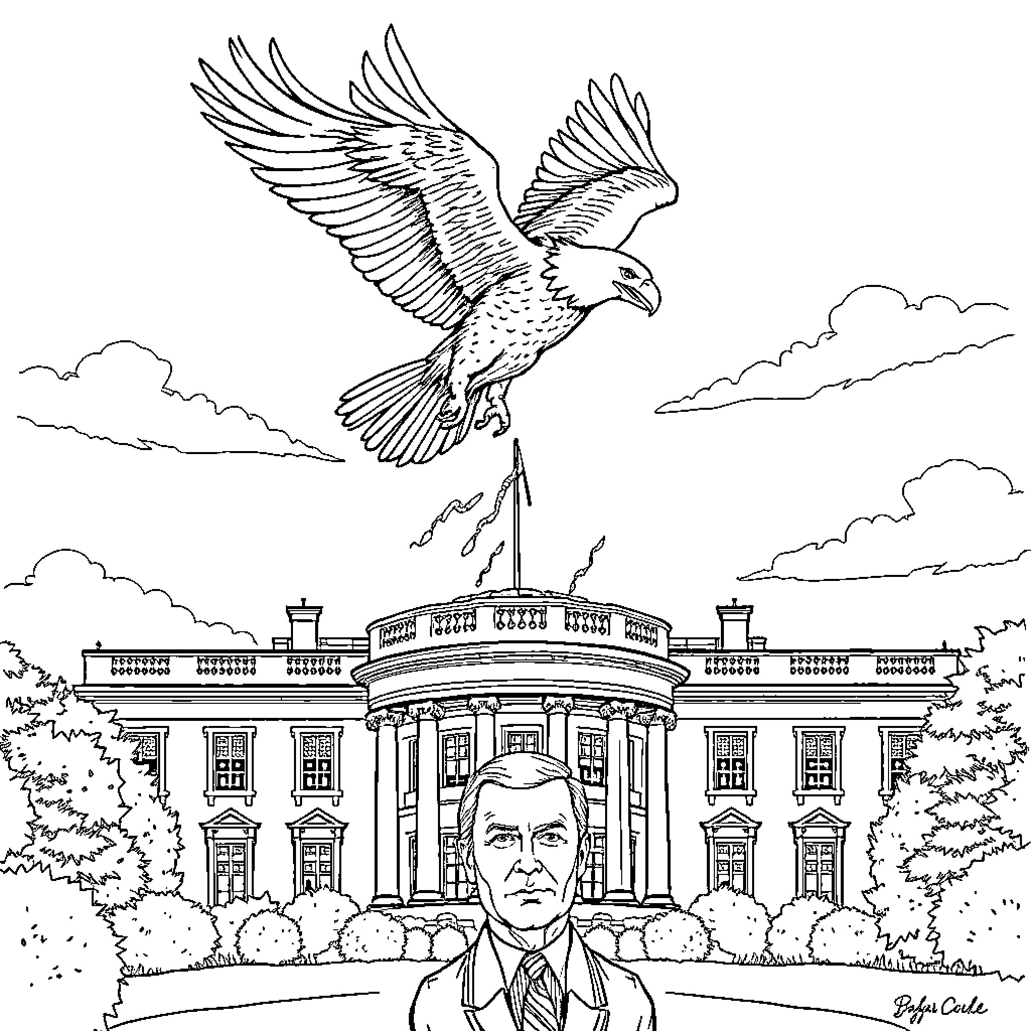 Bald Eagle soaring over the White House Coloring Page (free black-and-white line drawing printable PDF for all, from beginners to advanced learners, including children, teens, adults, and seniors)