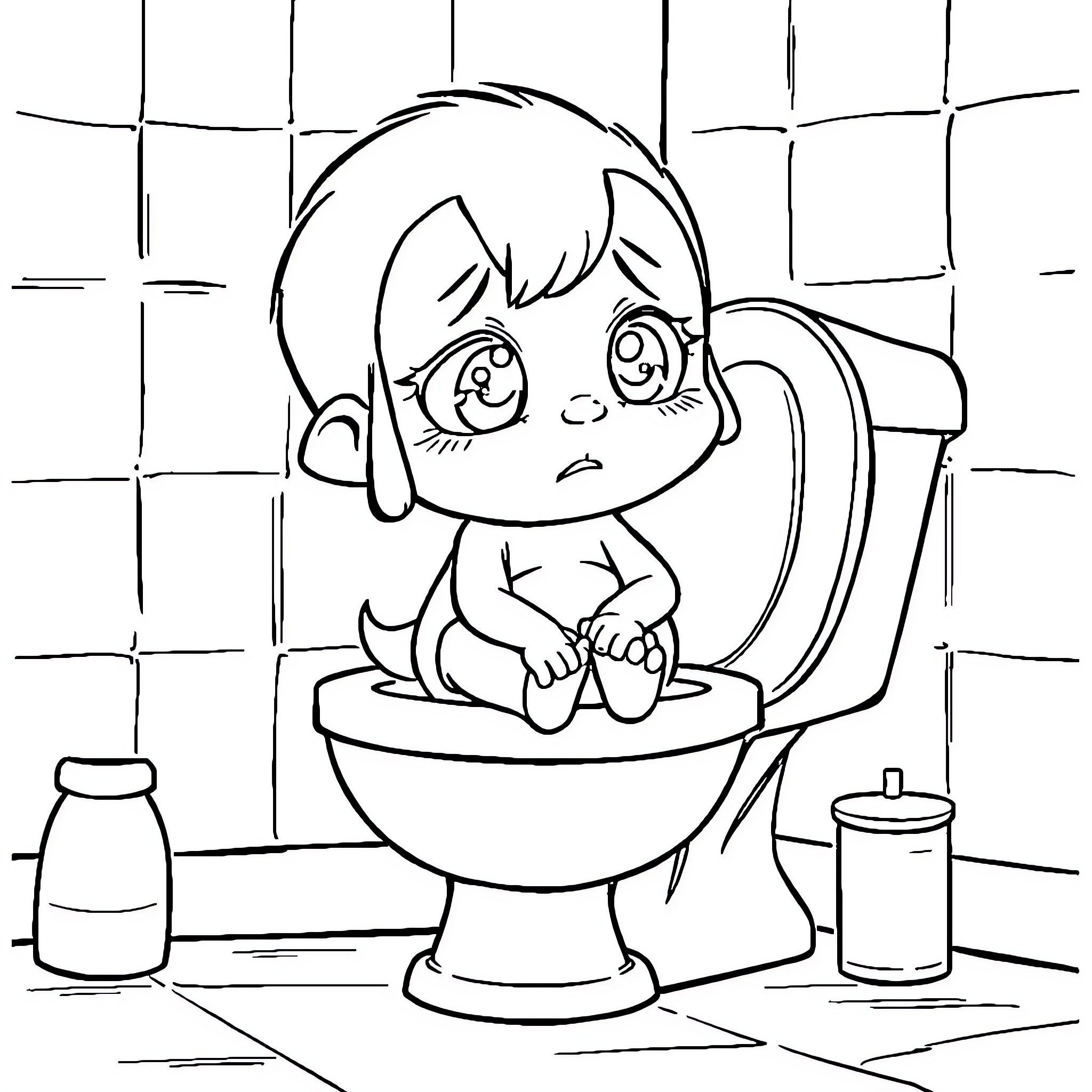 Piccachou's Potty Predicament Coloring Page (free black-and-white line drawing printable PDF for all, from beginners to advanced learners, including children, teens, adults, and seniors)