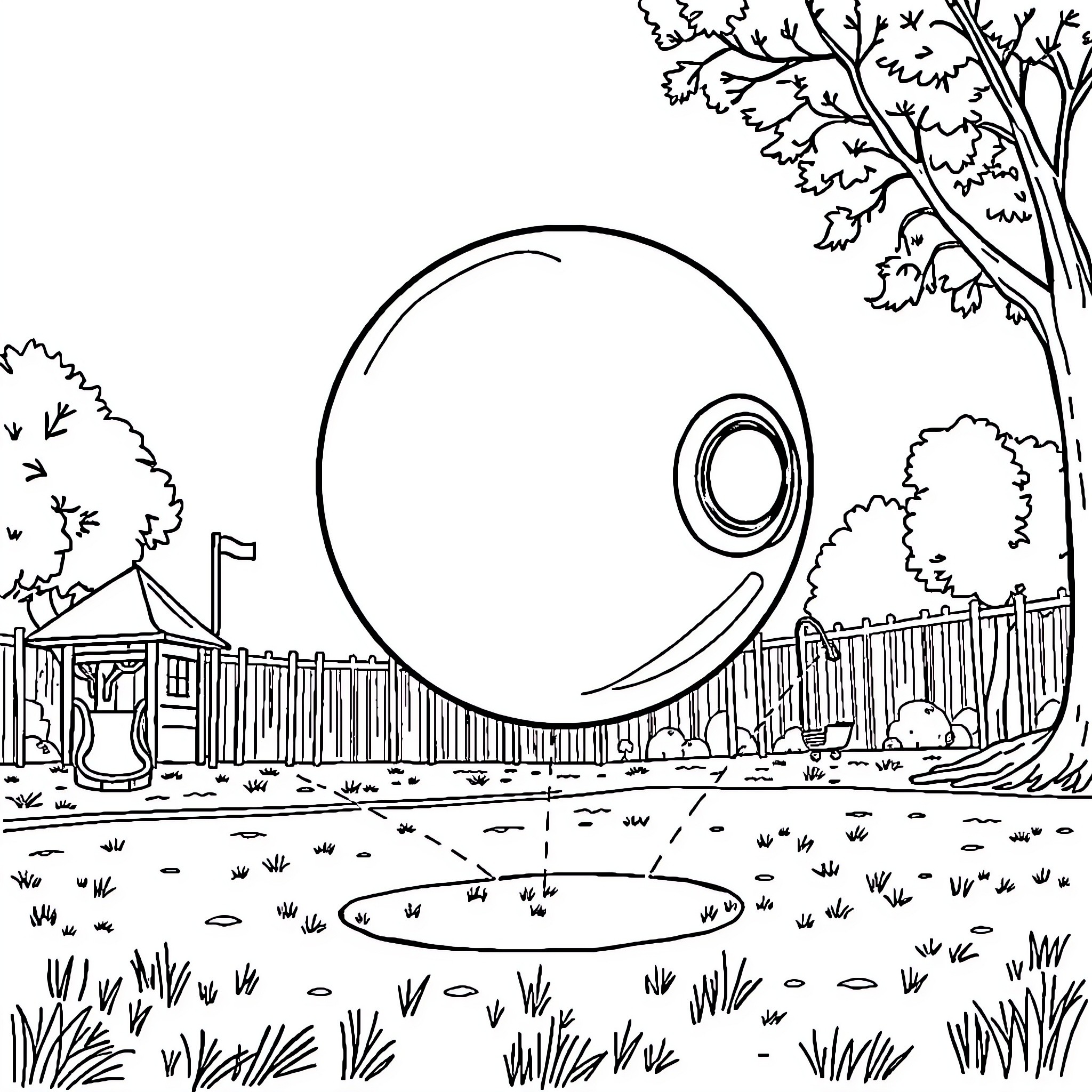 Ball-shaped structure in a nature-filled landscape Coloring Page (free black-and-white line drawing printable PDF for all, from beginners to advanced learners, including children, teens, adults, and seniors)
