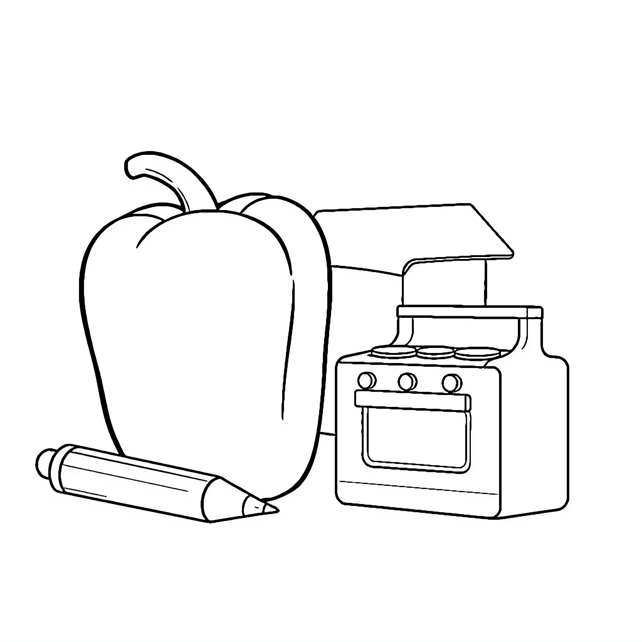 Capsicum cooking utensils and appliances Coloring Page (free black-and-white line drawing printable PDF for all, from beginners to advanced learners, including children, teens, adults, and seniors)