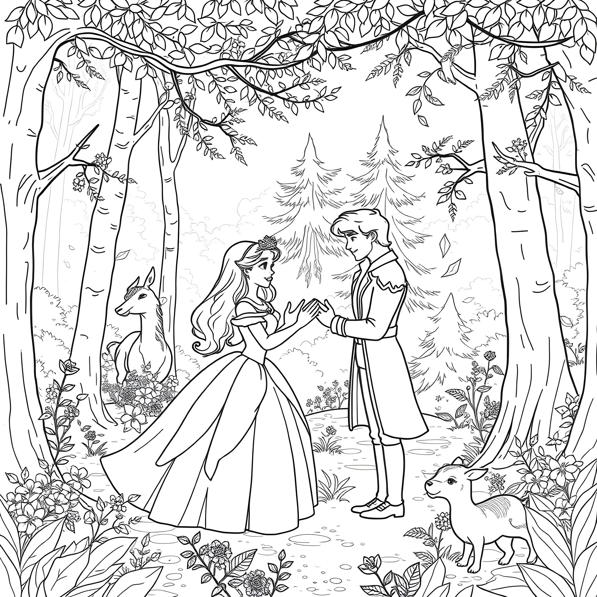 Aurora - Couple exploring the enchanted forest Coloring Page (free black-and-white line drawing printable PDF for all, from beginners to advanced learners, including children, teens, adults, and seniors)