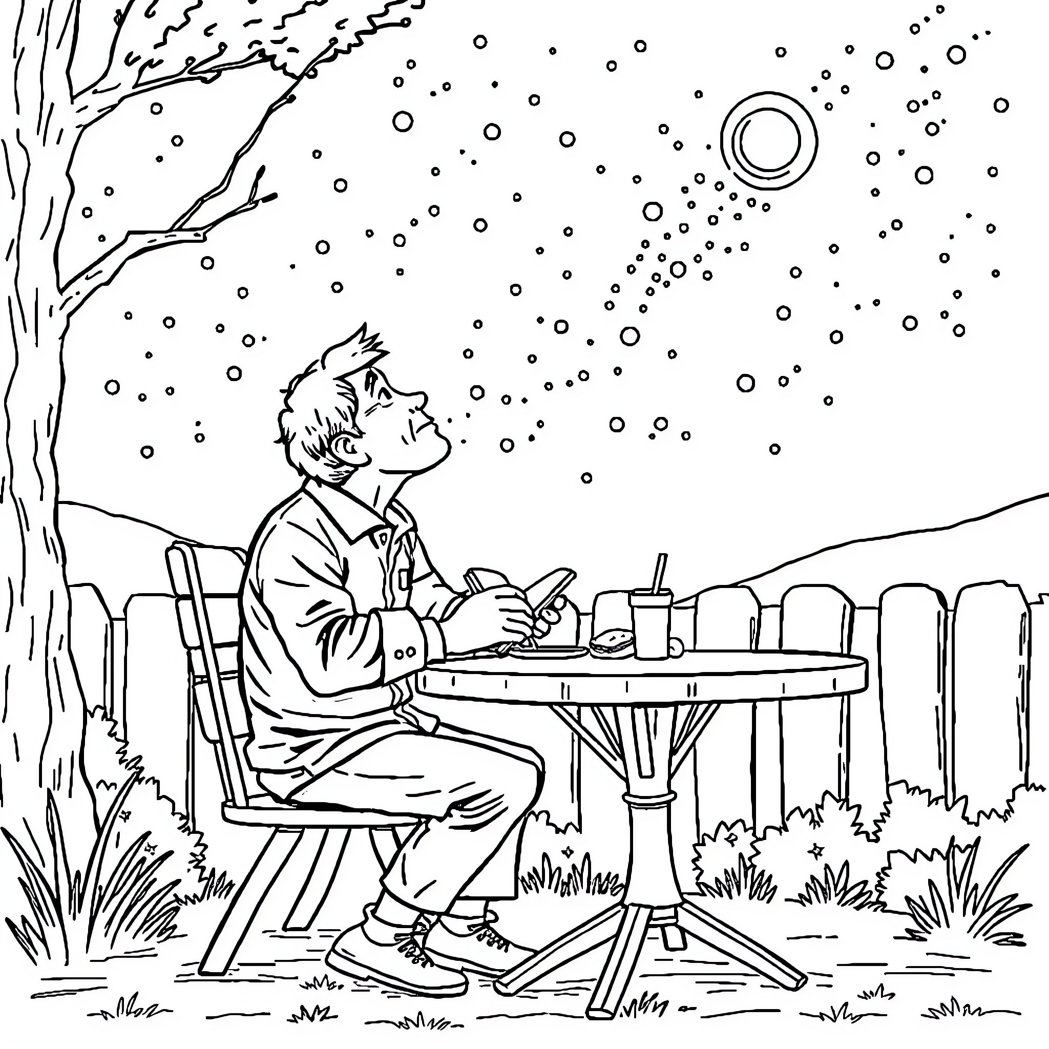 Astronomer gazes at the night sky while working outdoors Coloring Page (free black-and-white line drawing printable PDF for all, from beginners to advanced learners, including children, teens, adults, and seniors)