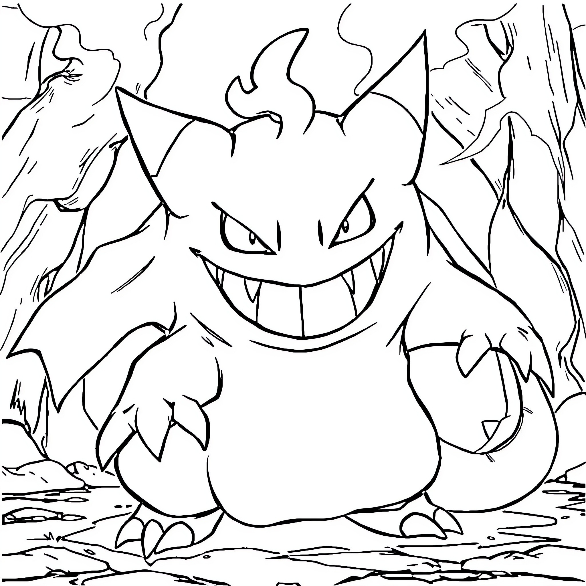 Gengar's Menacing Grin in the Ghostly Landscape Coloring Page (free black-and-white line drawing printable PDF for all, from beginners to advanced learners, including children, teens, adults, and seniors)