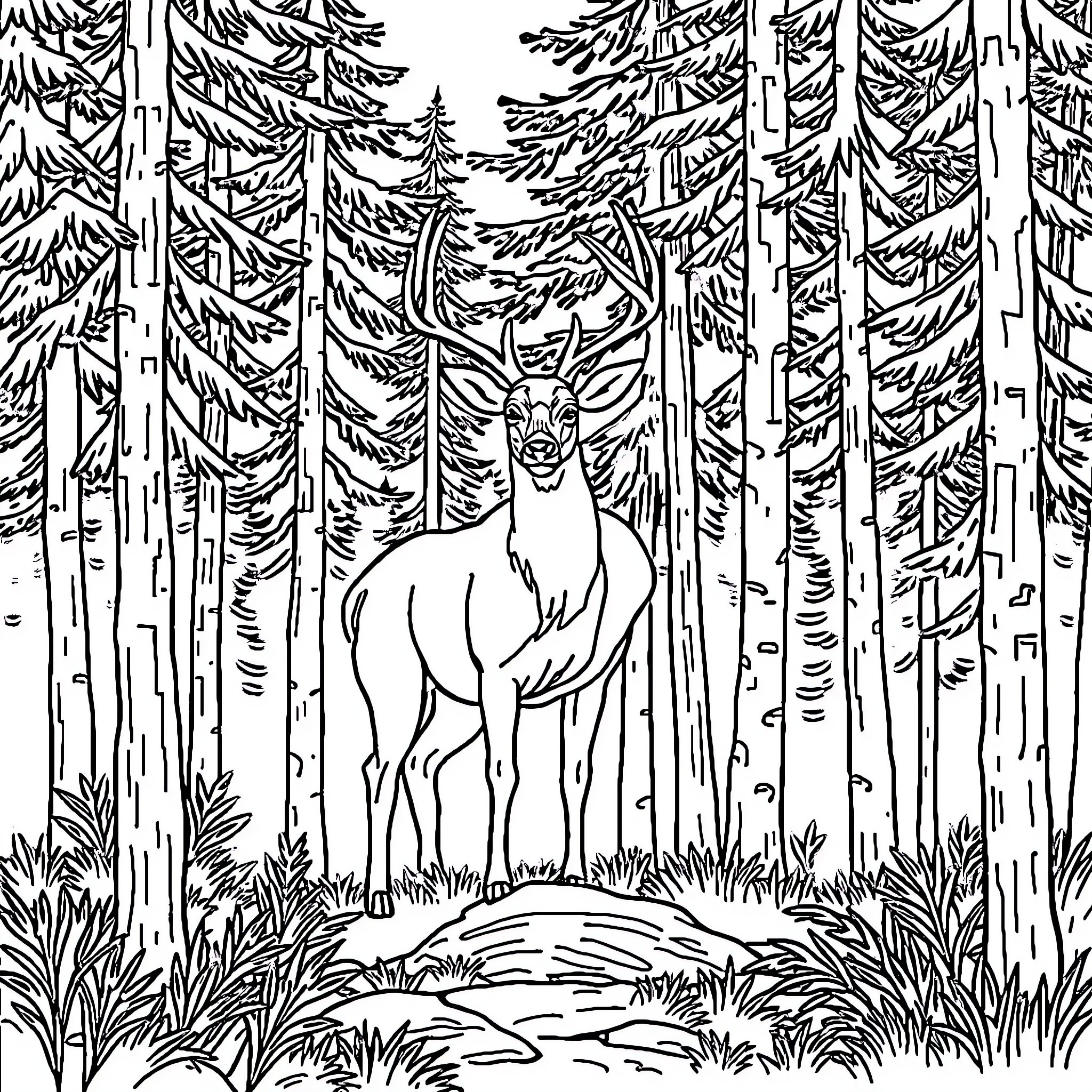 Deer standing in the forest Coloring Page (free black-and-white line drawing printable PDF for all, from beginners to advanced learners, including children, teens, adults, and seniors)