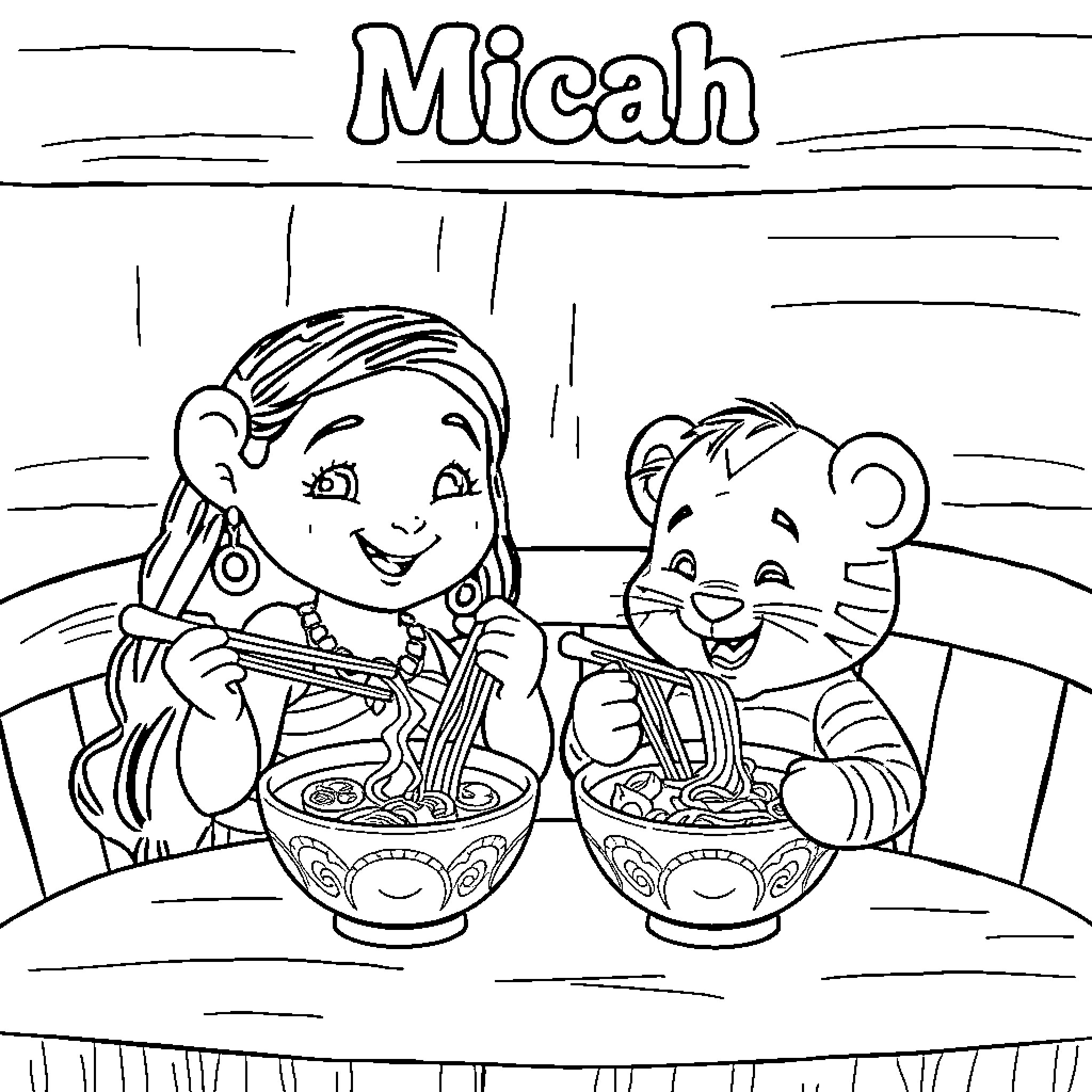 Moana and Pua sharing a meal together Coloring Page (free black-and-white line drawing printable PDF for all, from beginners to advanced learners, including children, teens, adults, and seniors)