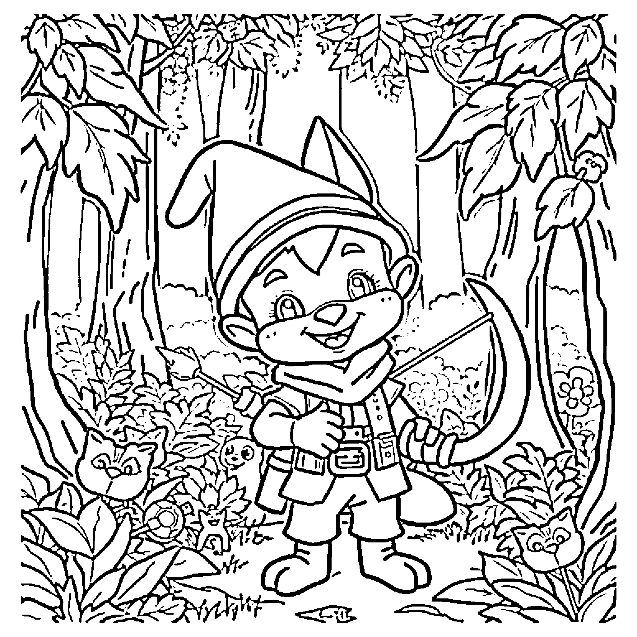 Teemo exploring the enchanted forest Coloring Page (free black-and-white line drawing printable PDF for all, from beginners to advanced learners, including children, teens, adults, and seniors)