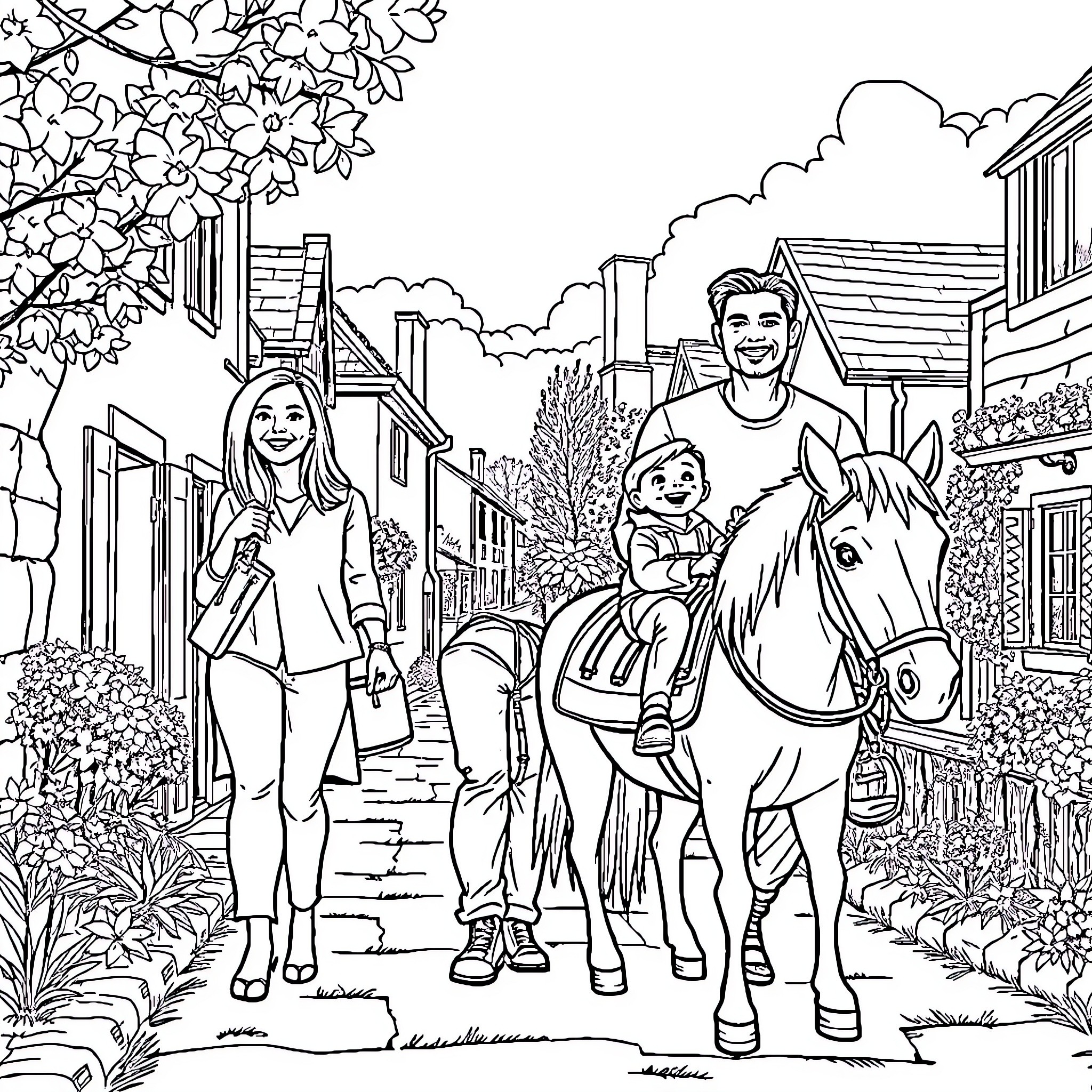 Family Enjoying a Scenic Stroll in the Countryside Coloring Page (free black-and-white line drawing printable PDF for all, from beginners to advanced learners, including children, teens, adults, and seniors)
