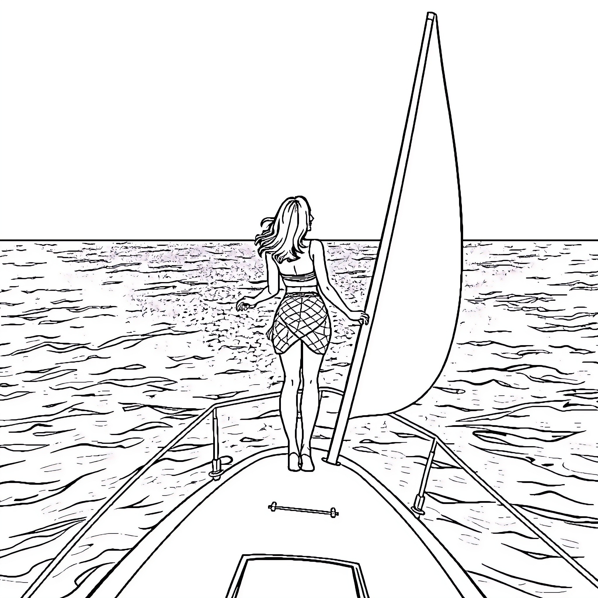 Lady Enjoying a Peaceful Sailing Adventure Coloring Page (free black-and-white line drawing printable PDF for all, from beginners to advanced learners, including children, teens, adults, and seniors)