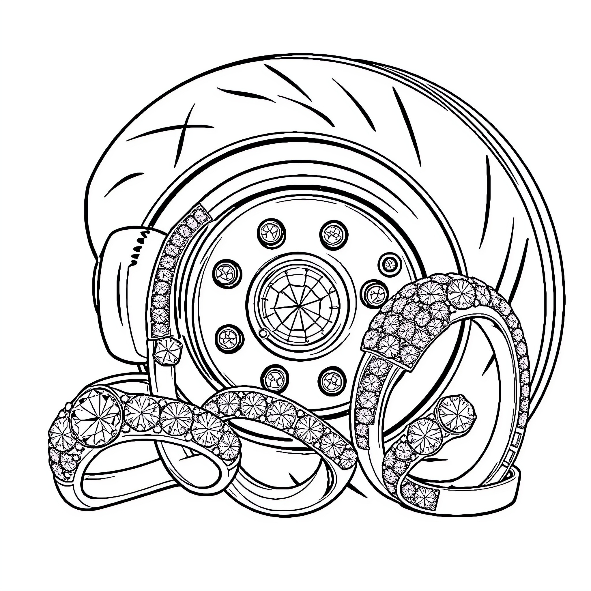 Ring of Opulent Jewelry and Accessories Coloring Page (free black-and-white line drawing printable PDF for all, from beginners to advanced learners, including children, teens, adults, and seniors)