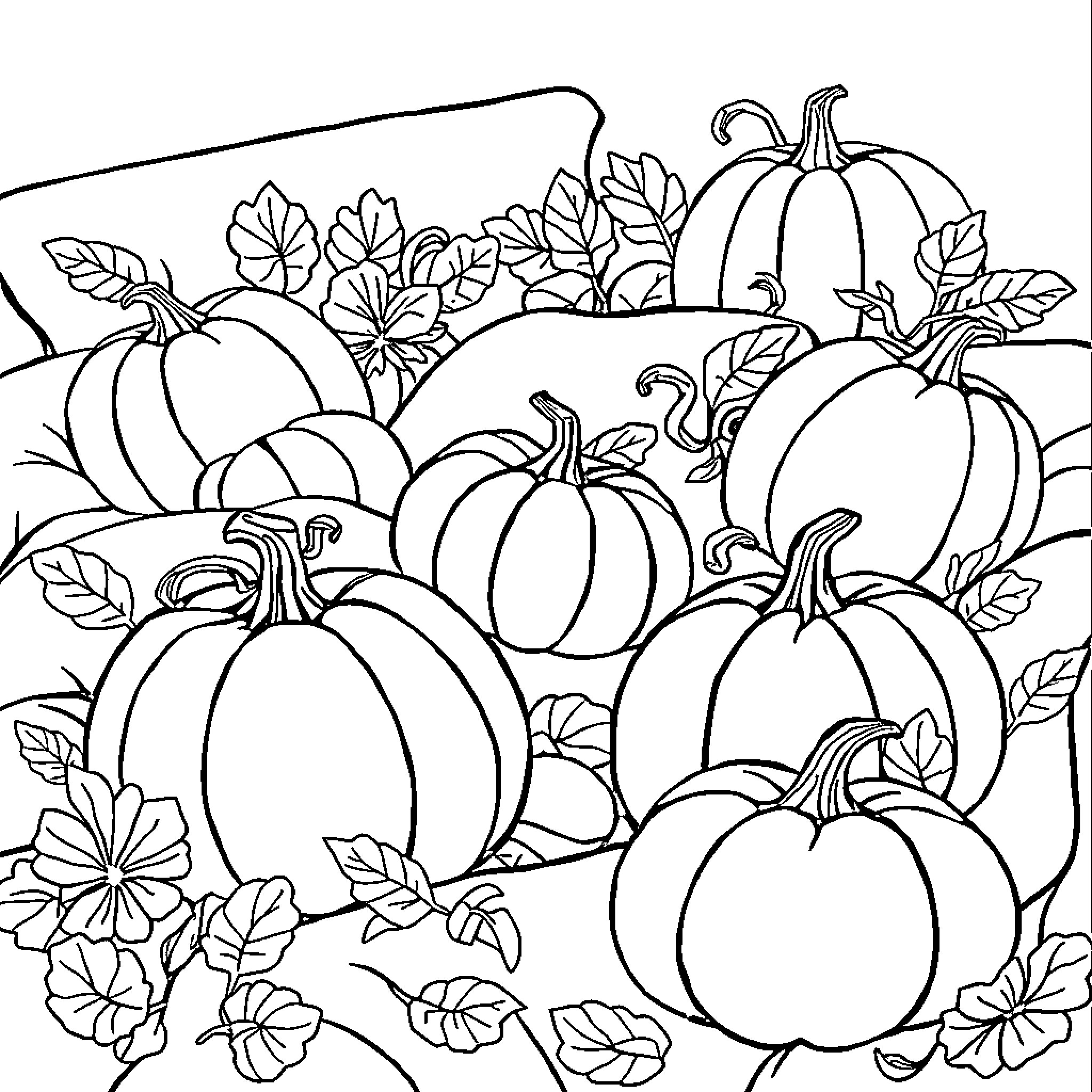 Pumpkins surrounded by autumn leaves Coloring Page (free black-and-white line drawing printable PDF for all, from beginners to advanced learners, including children, teens, adults, and seniors)