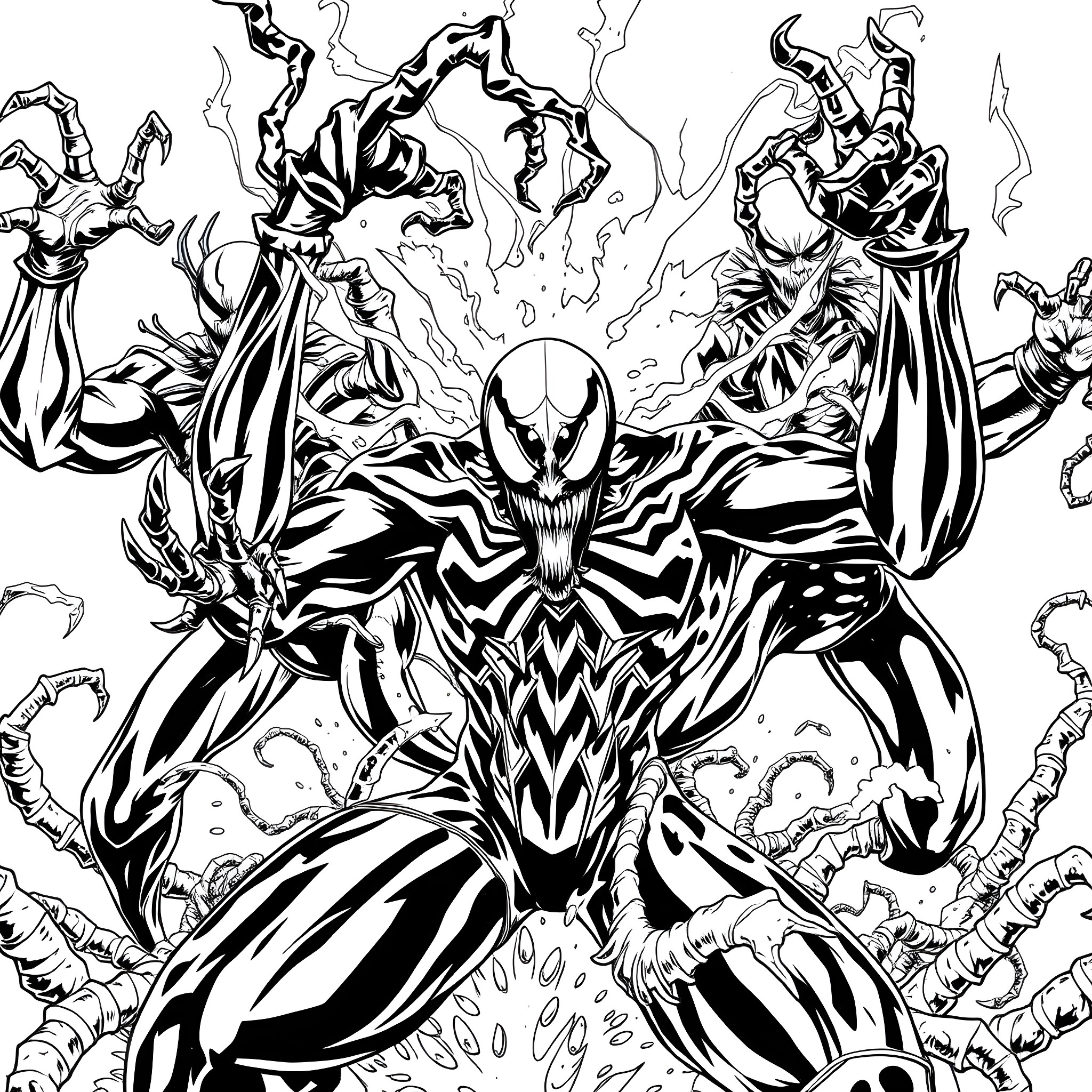 Carnage of the Monstrous Symbiotes Coloring Page (free black-and-white line drawing printable PDF for all, from beginners to advanced learners, including children, teens, adults, and seniors)