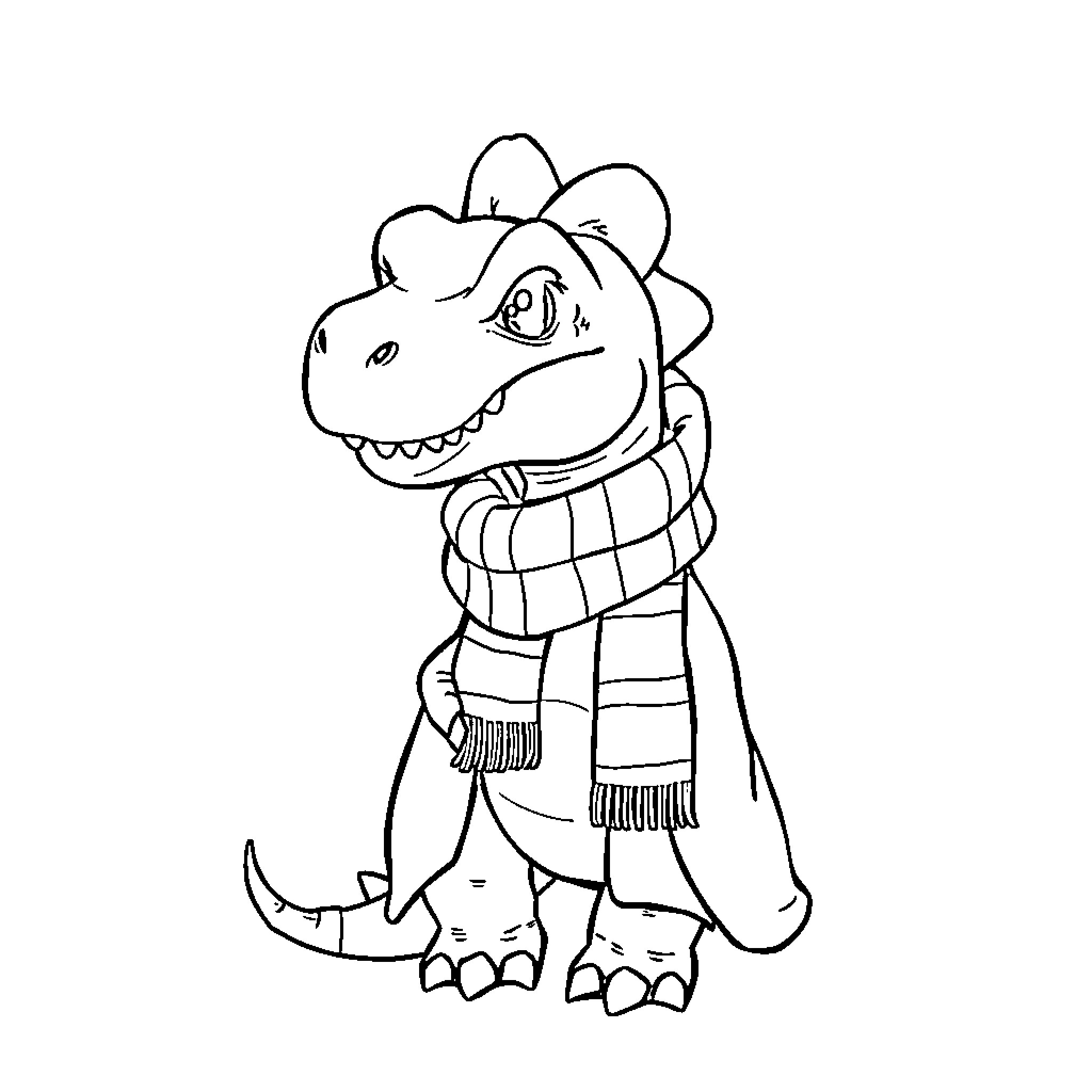 Dinosaur wearing a scarf and hat Coloring Page (free black-and-white line drawing printable PDF for all, from beginners to advanced learners, including children, teens, adults, and seniors)