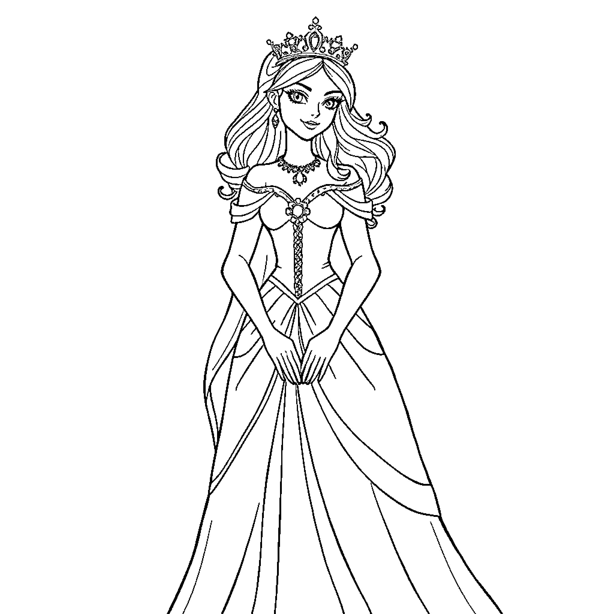 Sorcière princess in a magnificent gown Coloring Page (free black-and-white line drawing printable PDF for all, from beginners to advanced learners, including children, teens, adults, and seniors)