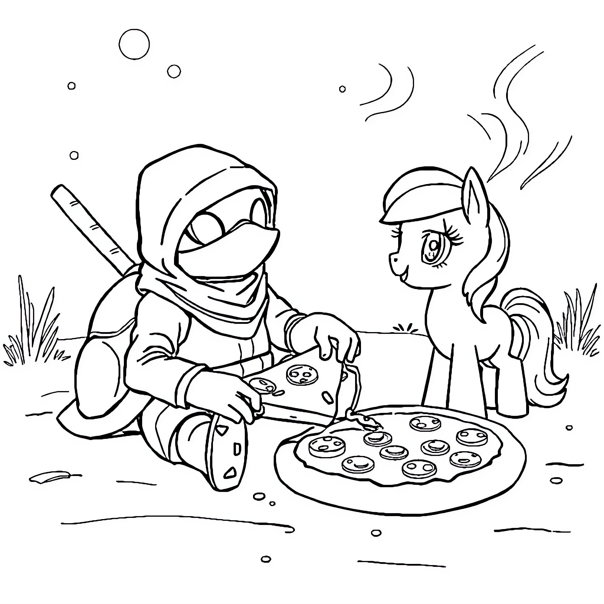 Turtle making pizza with pony friend Coloring Page (free black-and-white line drawing printable PDF for all, from beginners to advanced learners, including children, teens, adults, and seniors)
