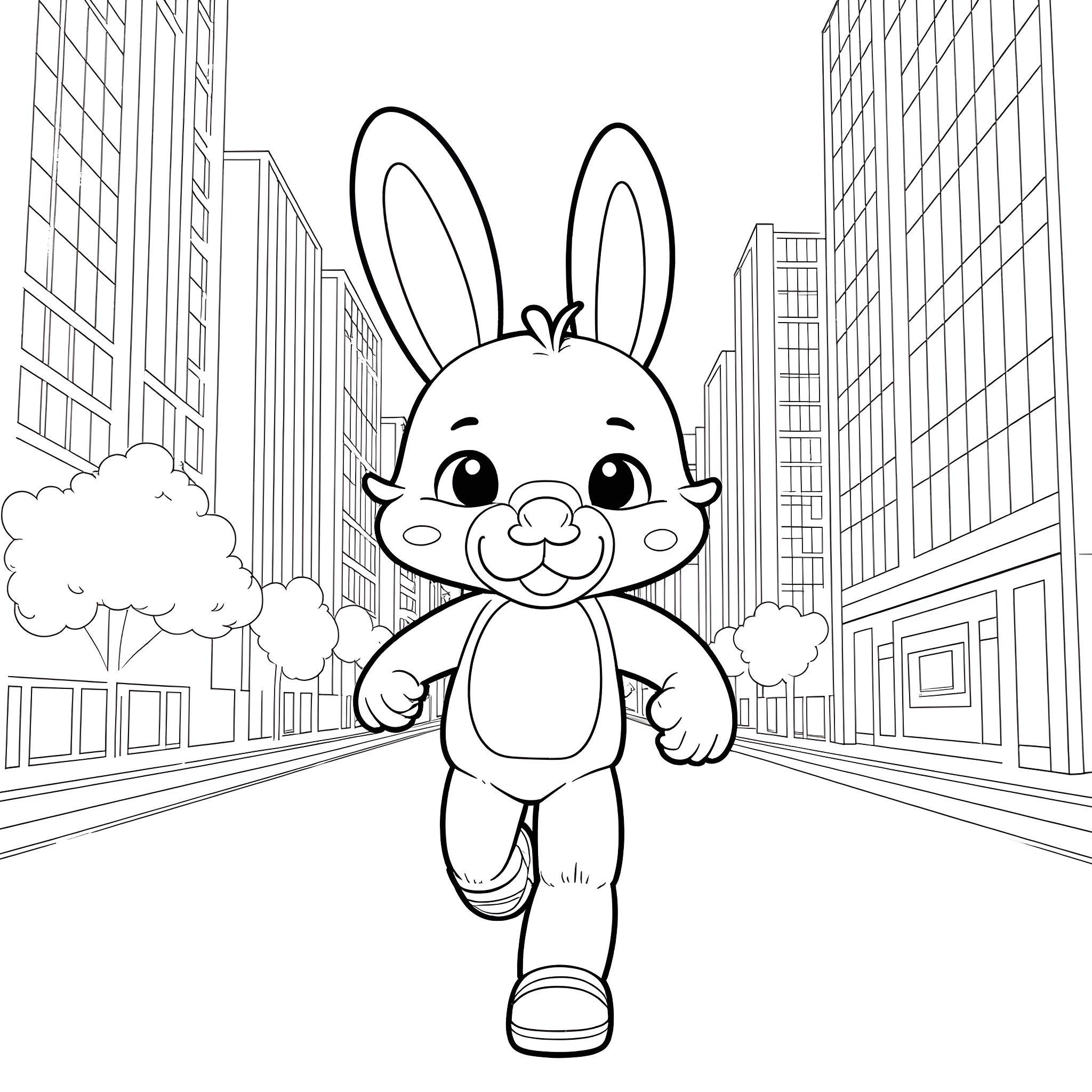 Springtrap the Rabbit Exploring the City Coloring Page (free black-and-white line drawing printable PDF for all, from beginners to advanced learners, including children, teens, adults, and seniors)