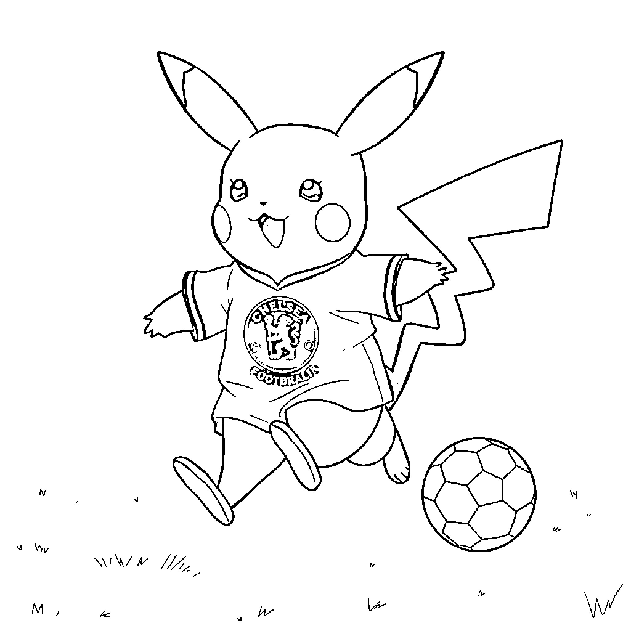 Pikachu playing with a soccer ball Coloring Page (free black-and-white line drawing printable PDF for all, from beginners to advanced learners, including children, teens, adults, and seniors)