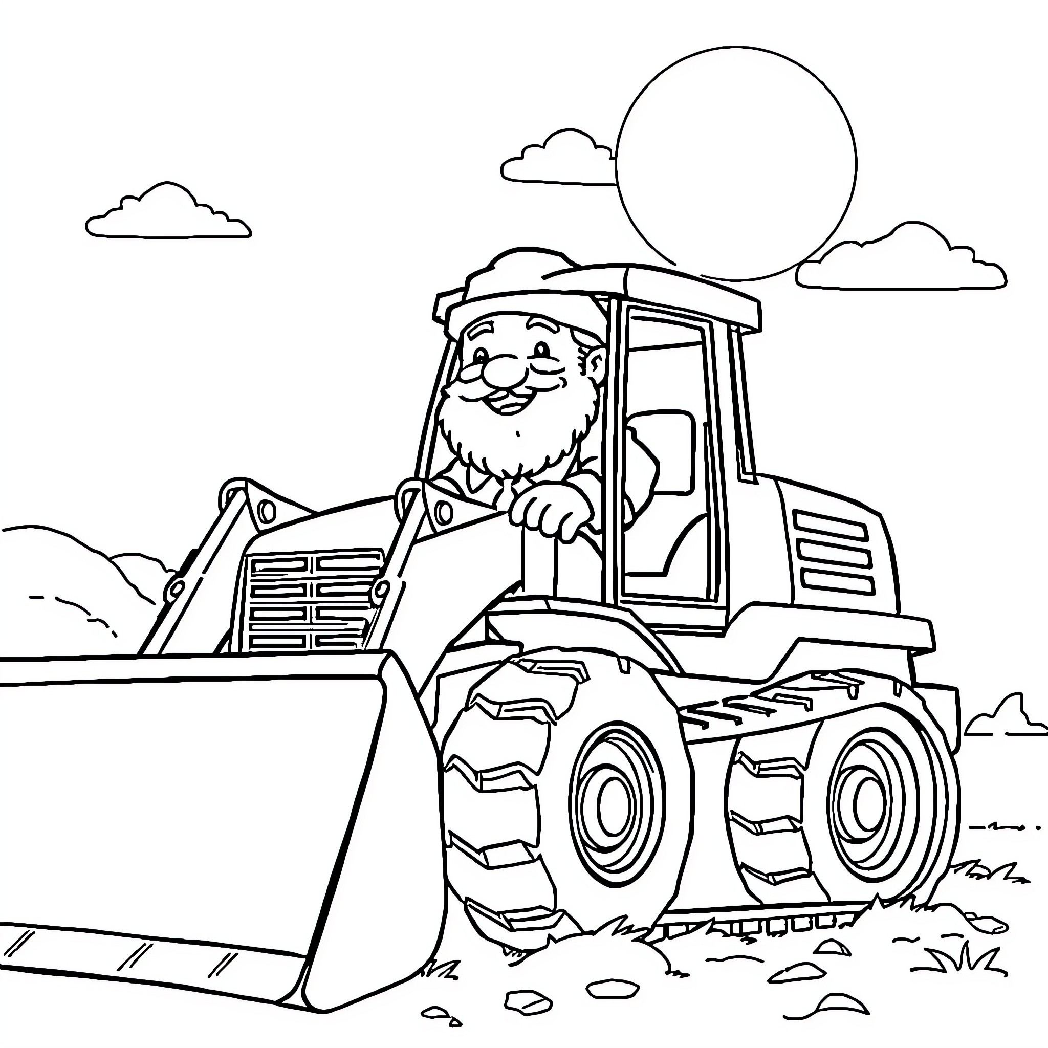 Santa Claus operating a construction vehicle in the countryside Coloring Page (free black-and-white line drawing printable PDF for all, from beginners to advanced learners, including children, teens, adults, and seniors)