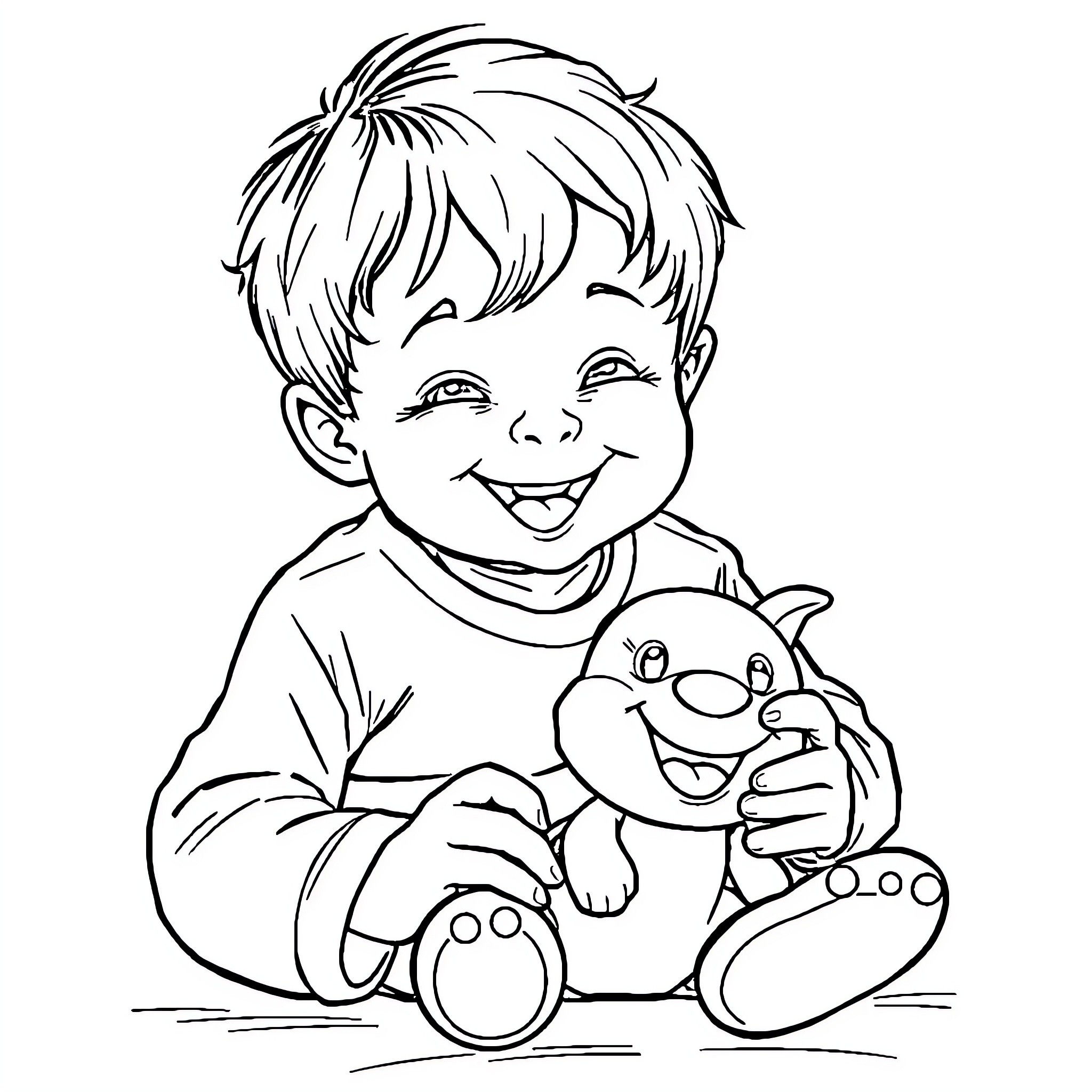 Child playing happily with stuffed animal Coloring Page (free black-and-white line drawing printable PDF for all, from beginners to advanced learners, including children, teens, adults, and seniors)
