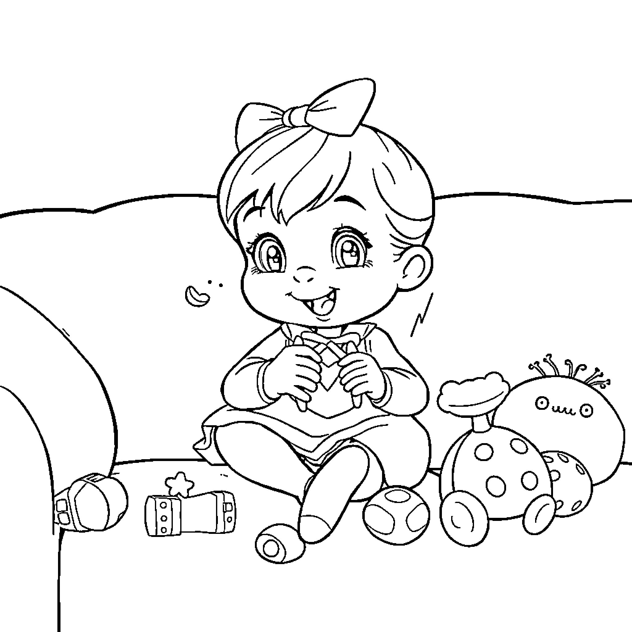 Gabby playing with toys happily in the room Coloring Page (free black-and-white line drawing printable PDF for all, from beginners to advanced learners, including children, teens, adults, and seniors)