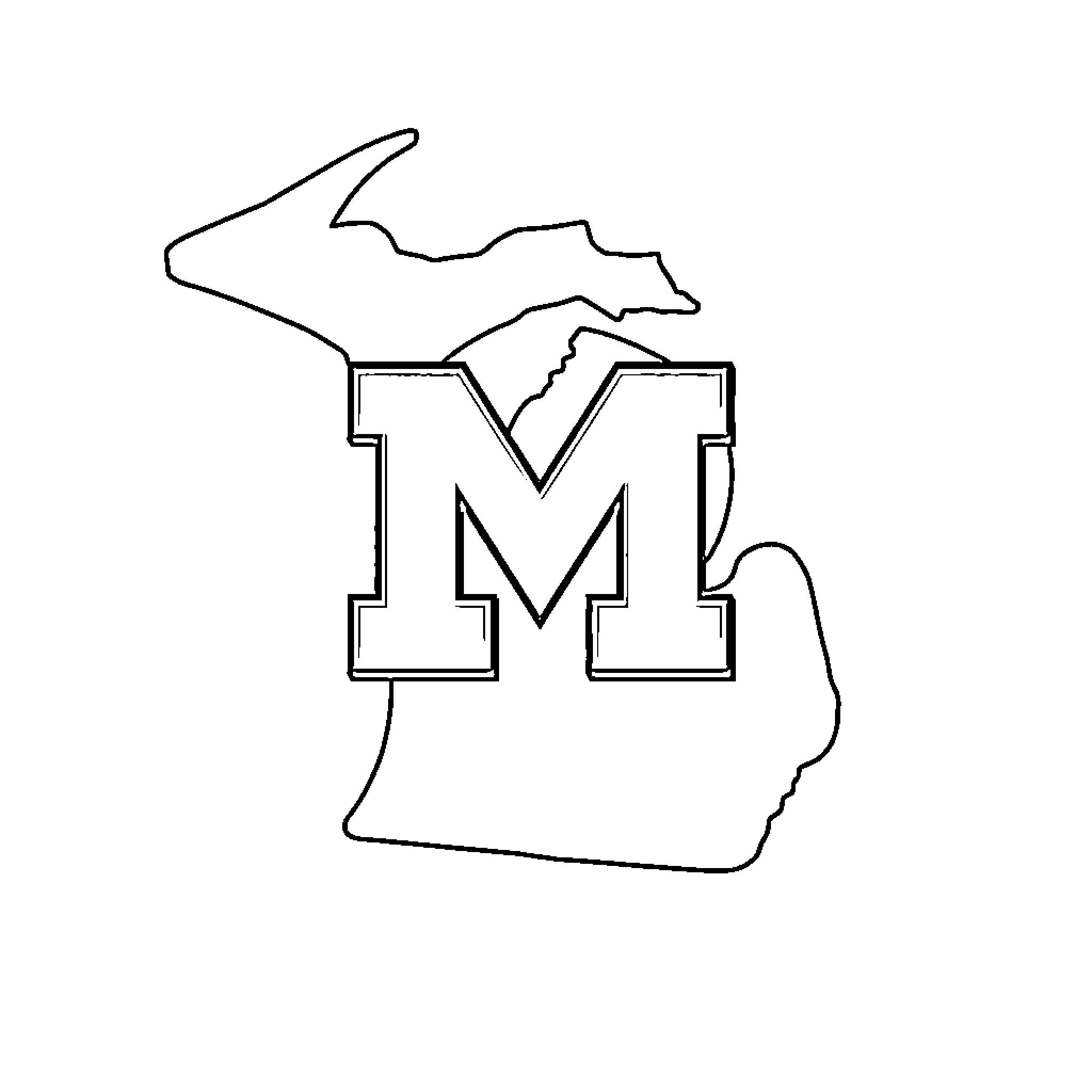 Block M Michigan State Outline Coloring Page (free black-and-white line drawing printable PDF for all, from beginners to advanced learners, including children, teens, adults, and seniors)