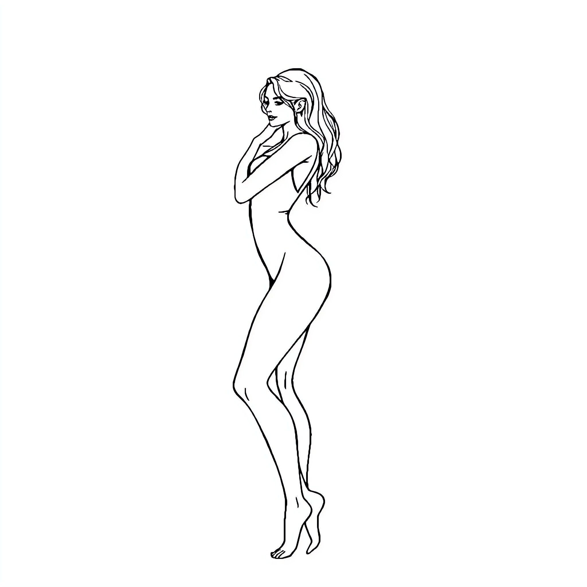 Woman in contemplative pose Coloring Page (free black-and-white line drawing printable PDF for all, from beginners to advanced learners, including children, teens, adults, and seniors)