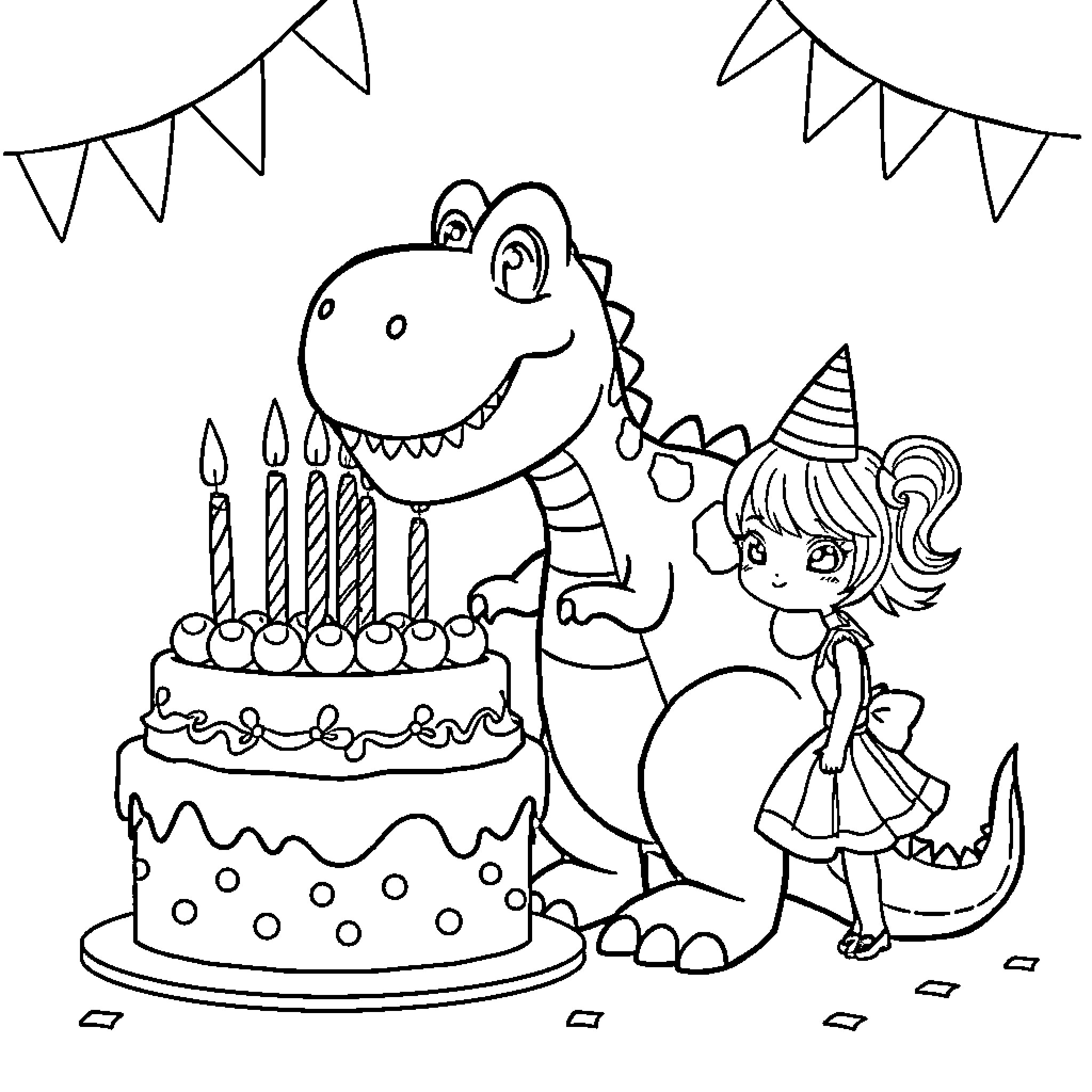 Dinosaur celebrating a birthday party with a girl Coloring Page (free black-and-white line drawing printable PDF for all, from beginners to advanced learners, including children, teens, adults, and seniors)